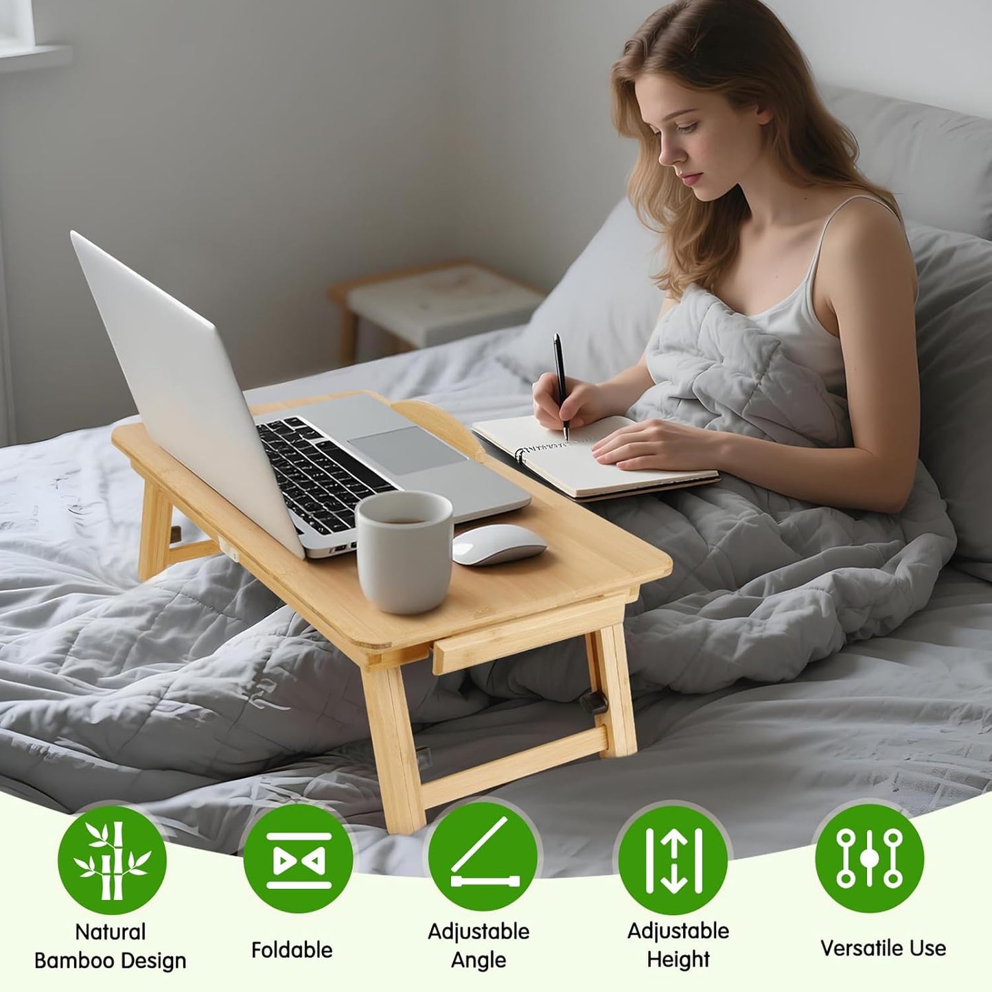 Bamboo Laptop Desk, Adjustable Foldable Bed Tray Table for Bed, Sofa, and Floor, Portable Lap Desk with Tilting Top & Drawer for Writing, Reading, Breakfast, Drawing, and Working