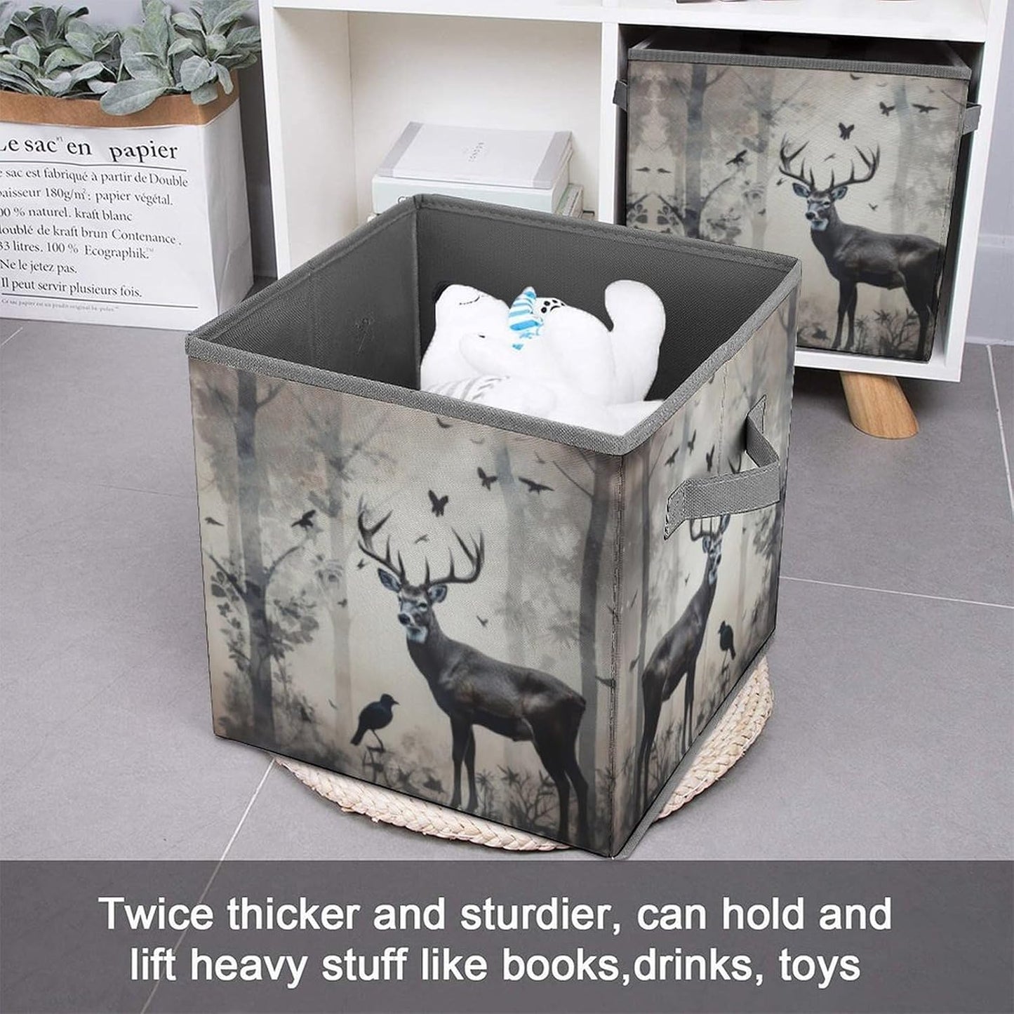 Hunting Silhouette of Deer Storage Bins with Handles Fashion Large Storage Cubes Sturdy Foldable Storage Boxes Space-Saving Storage Baskets for Home Office Clothes Closet Organizers