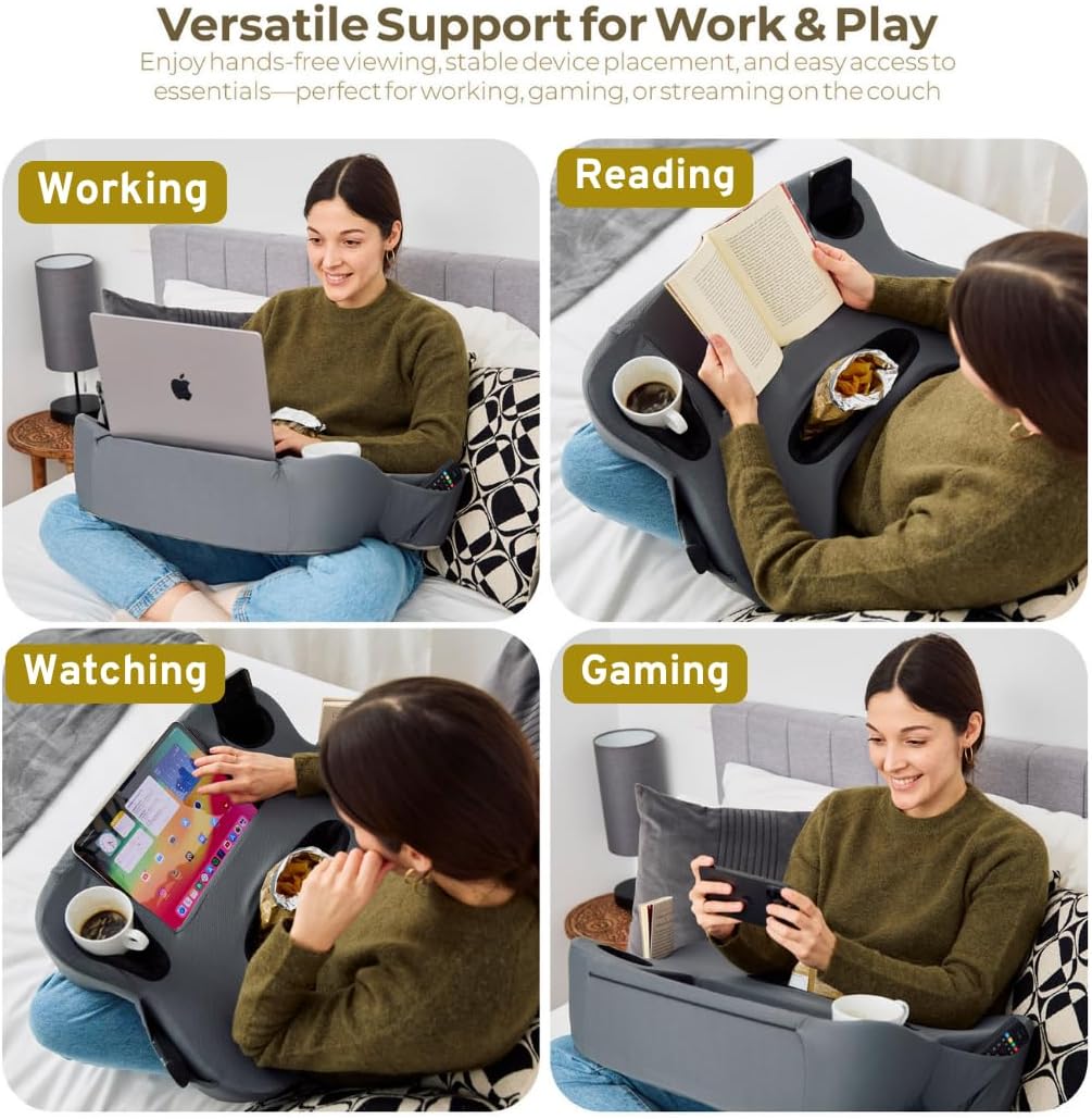 Lap Desk Pillow - Cushioned Lap Pillow for Reading, Gaming, Work & Travel, Soft & Portable Laptop Desk for Bed, Couch, or Car, Ergonomic Support for Laptops & Tablets (Grey)