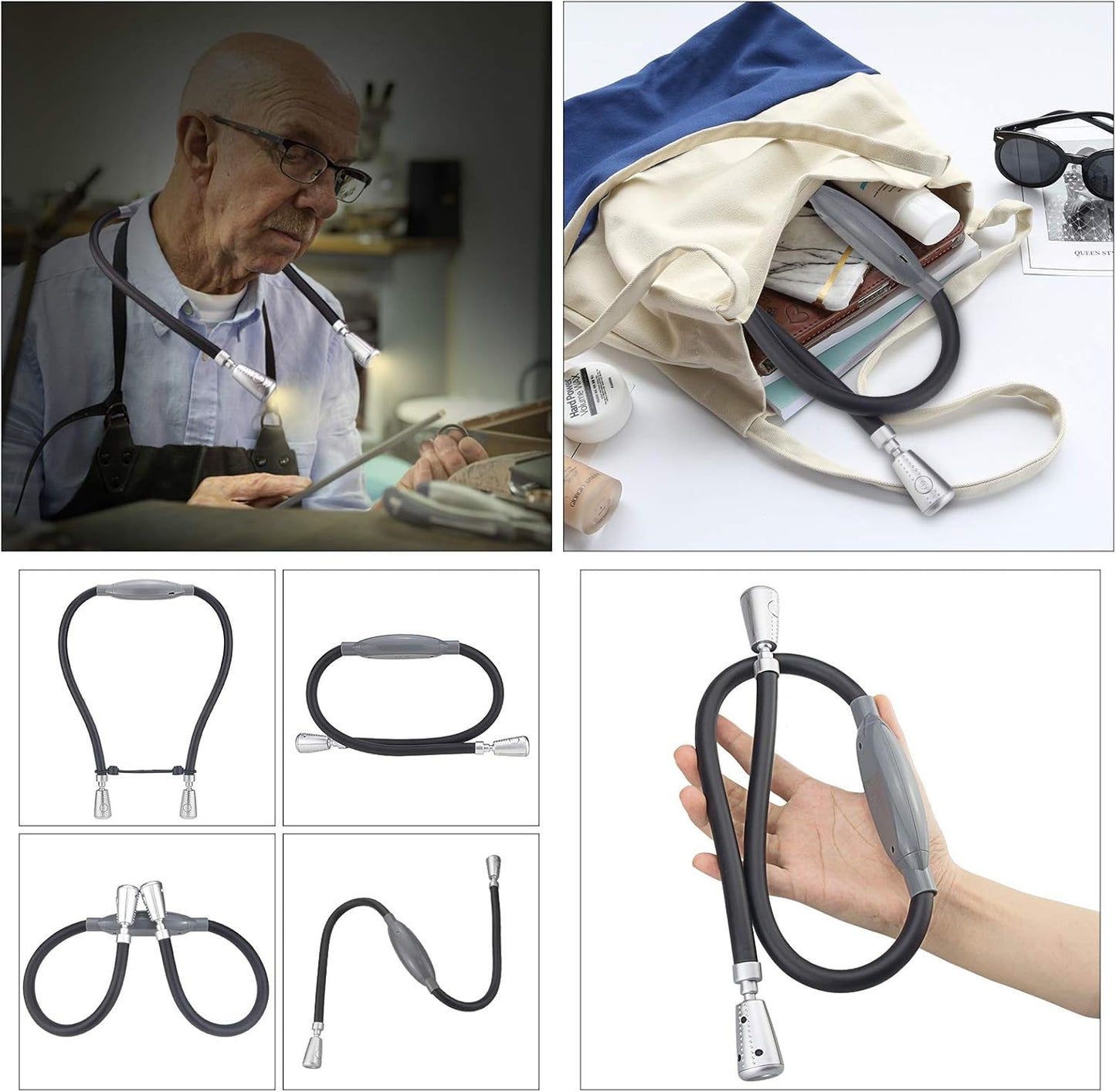 LED Neck Reading Light, Rechargeable 8 LED 2 Modes, Bendable Arms Swing Head, Brightness Adjustable Amber Light for Reading, Camping, Repairing, Knitting