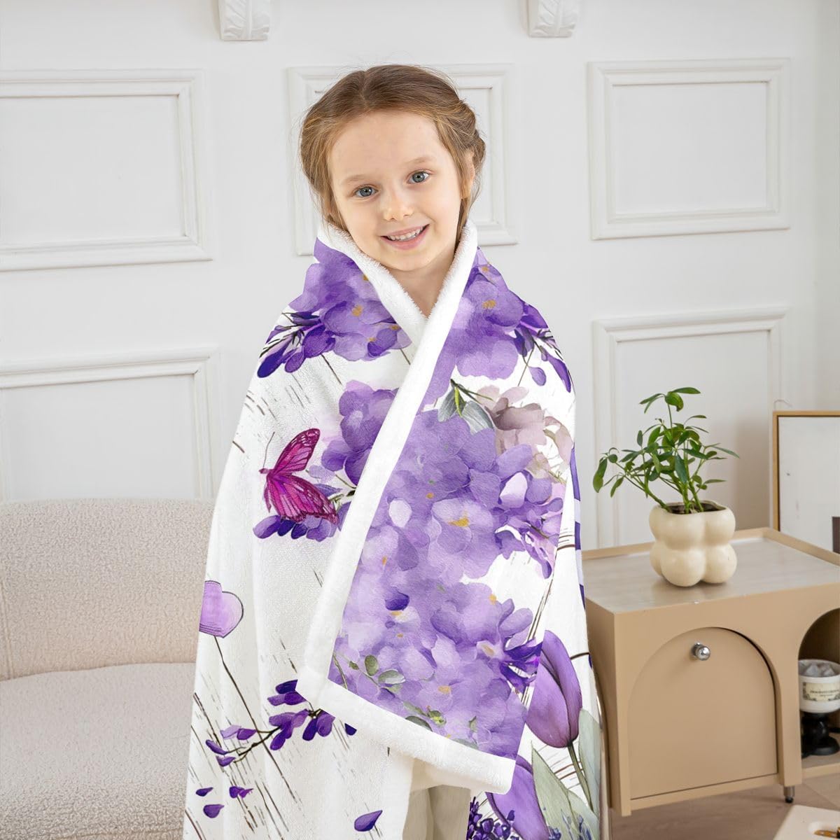 Erosebridal Flowers Blanket,Purple Flower Rustic Farmhouse Throw Blanket for Couch Bed Sofa,Cute Gnome Butterfly Fleece Blanket,Wild Animals Butterflies Floral Bed Blanket 60"x80"