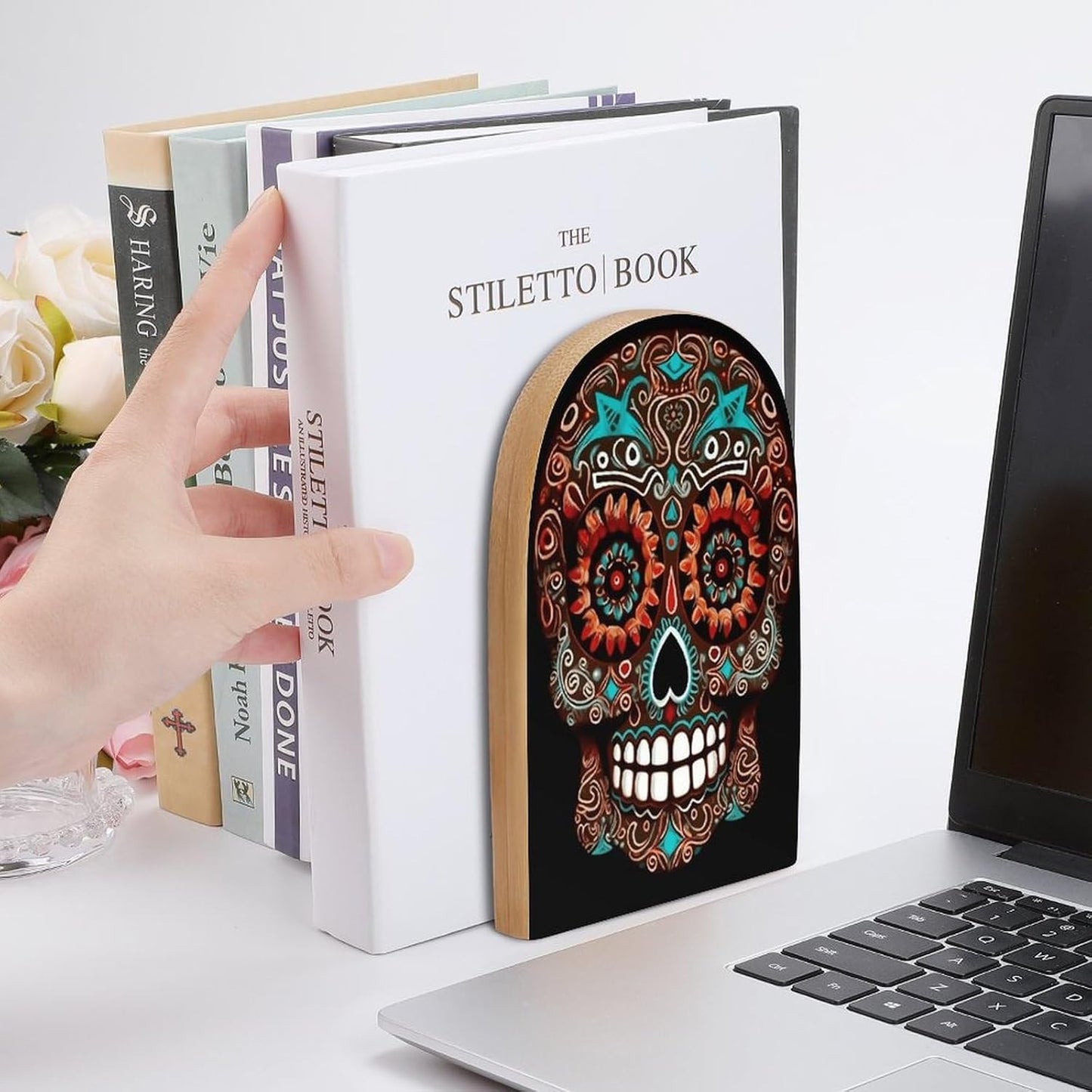 Sugar Skulls Day of The Dead Bookend for Shelves Wooden Book End Large Size Sturdy Book Holders Stoppers with Metal Base for Bookshelves Slick Decorative Bookends Stands