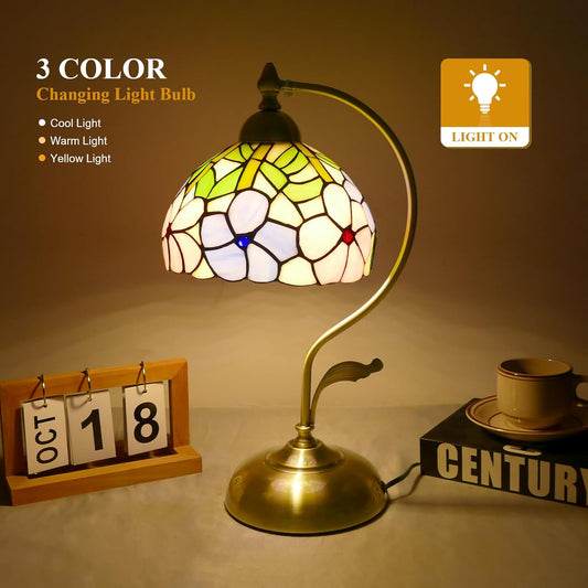 Tiffany Table Lamp Morning Glory Stained Glass Lamp 8" Wide 17" Tall Bedside Table Light Desk Lamps Vintage Reading Lamp with Color Changing LED Bulb