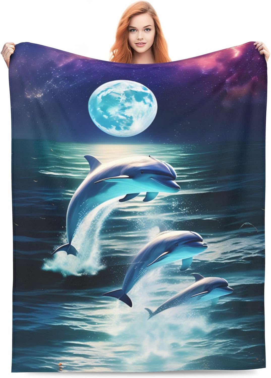 Dolphin Blanket for Kids Women Adults Dolphin Blanket Gifts 60" x 50" Flannel Dolphin Moon Ocean Throw Blanket for Bed Living Room Sofa Couch Soft Warm Lightweight Cozy Dolphin Decor