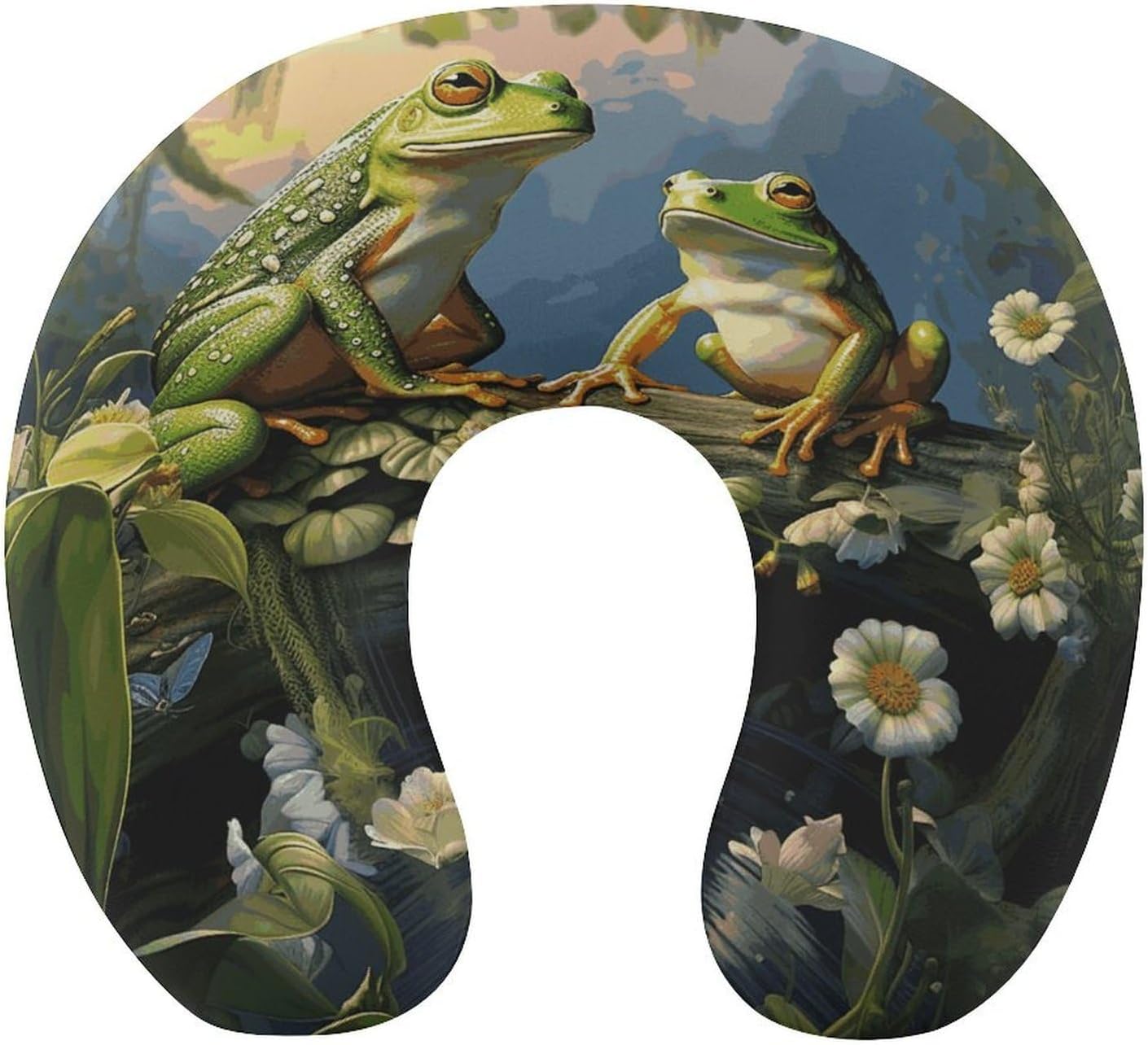Many Frogs Sing on The Branches Summer Butterflies Lake Water Neck Pillow Memory Foam U Shaped Pillows Portable Pillows for Shoulder Travel Head Support Pillow with Concealed Zipper for Airplane Car H