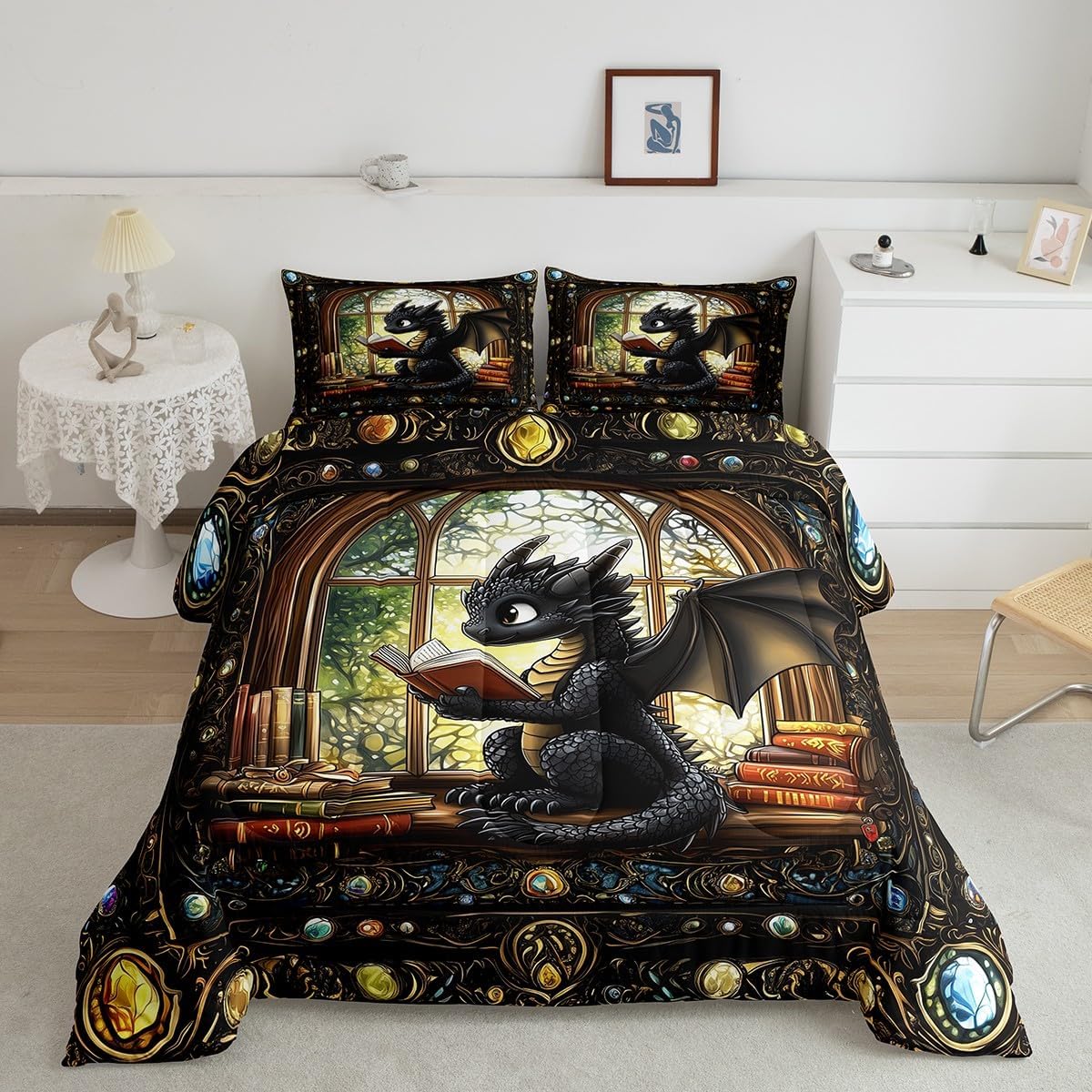 Cartoon Dragon Kids Comforter Set Twin Size,Reading Book Bookshelf Trippy Bedding Set,Girls Boys Room Decor,Geometric Patchwork Vintage Down Comforter,Black Noble Chic Duvet Insert,1 Pillowcase
