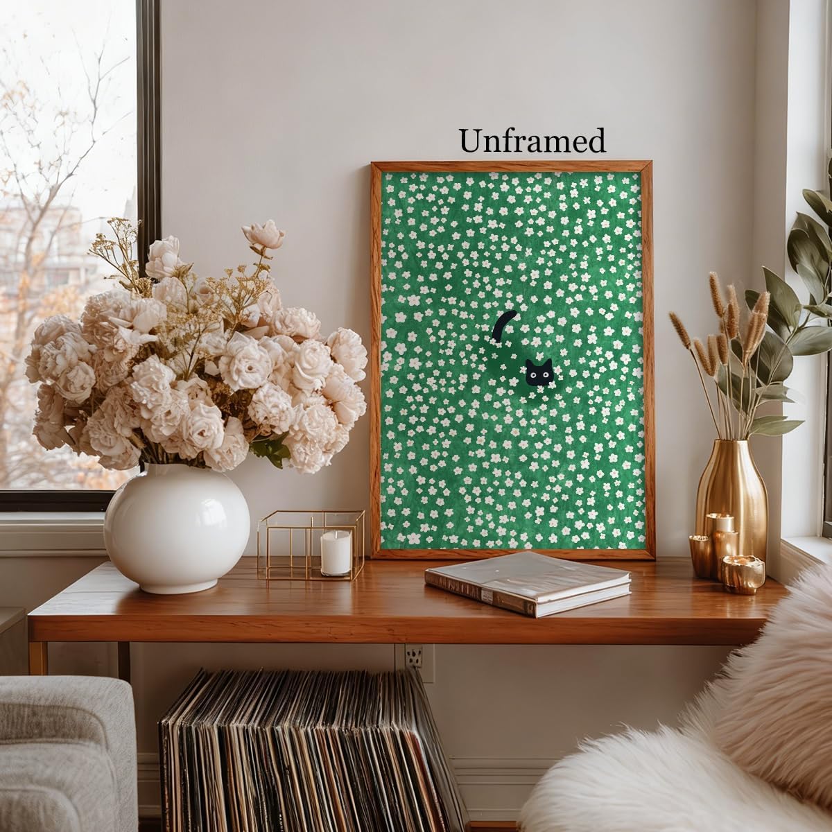 Black Cat Canvas Wall Art, Cute Cat In Daisies Meadow Aesthetic Poster, Adorable Animal Picture Rich Green Print Painting for Bedroom, Nursery Wall Decor Pet Lover Gift 12x16in Unframed