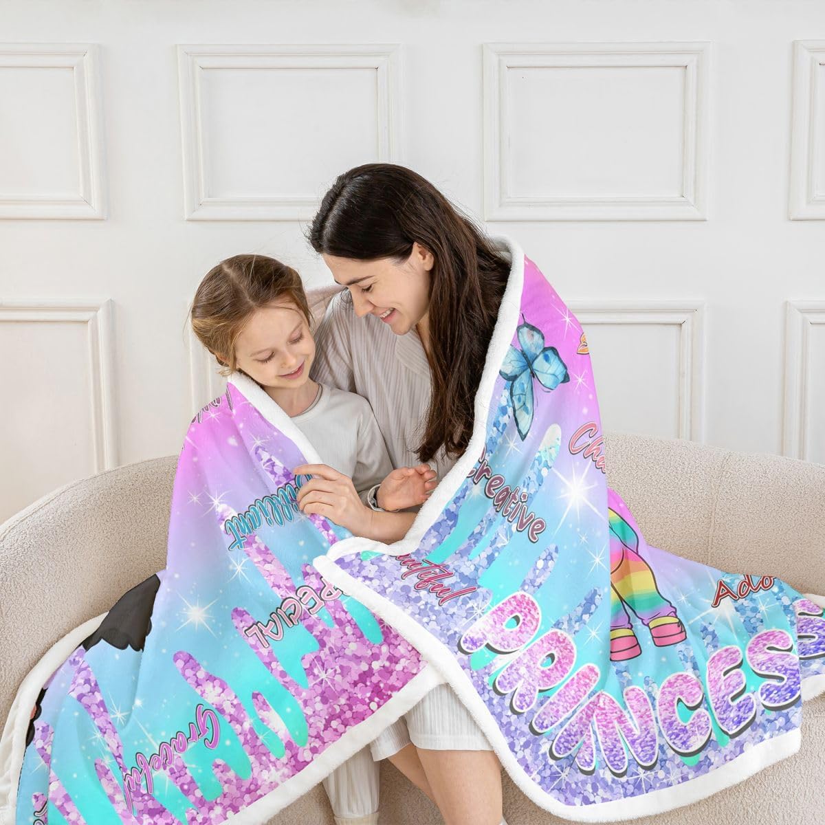 Feelyou Afro Cartoon Girl Sherpa Throw Blanket for Couch Rainbow Super Soft Cozy Fleece Pastel Gradient Blanket for Winter, Plush Throw Butterfly Princess African Woman Queen 90"x90" All Season