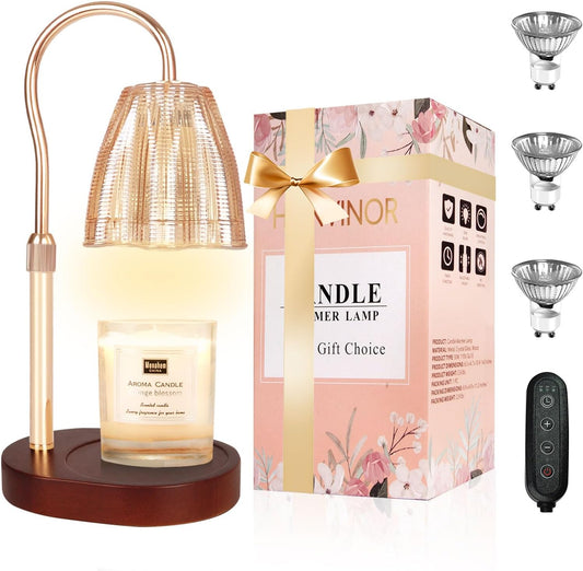 Candle Warmer Lamp with Timer & Dimmer, Candle Warmer Height Adjustable, Fits All Jar Scented Candles, Candle Lamp with 3 Bulbs, Charming Gift Box with Ribbon for Gifting