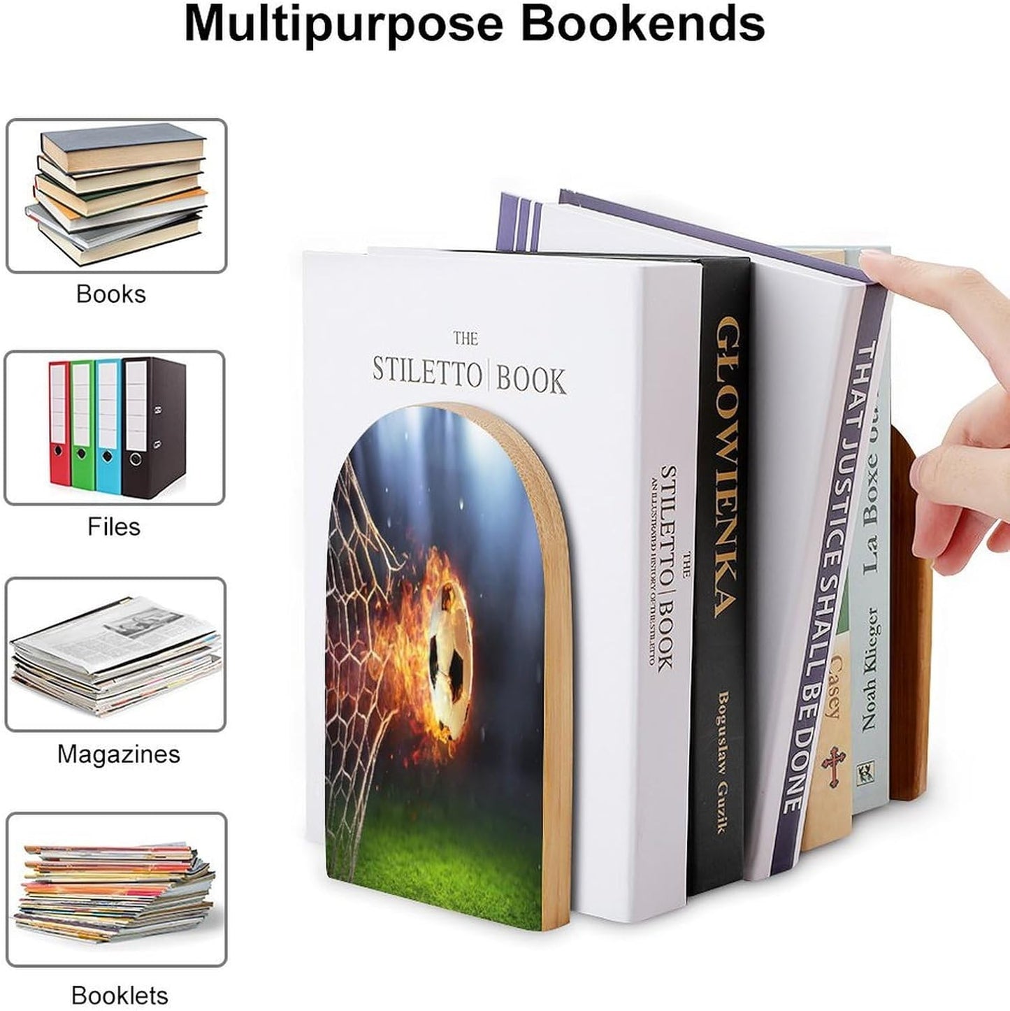 Football Wooden Bookend Non-Slip Book Ends Heavy Duty Book Stopper with Metal Base Books Holderd Decorative Bookends Stands Firmly for Office Supplies