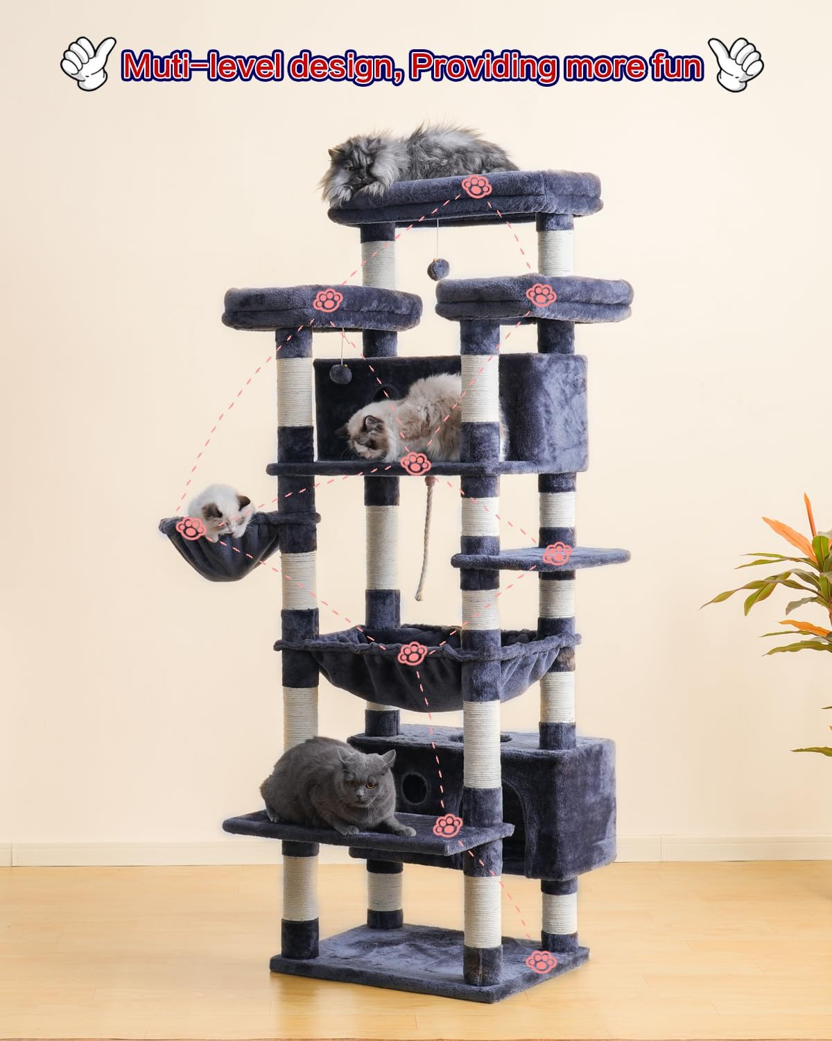 Cat Tree for Indoor Cats Large Adult, 74" Cat Tower with 3 Big Platforms, 2 Baskets, 2 Condos, Multi-Level Cat Scratching Posts, Smoky Gray GCT030G