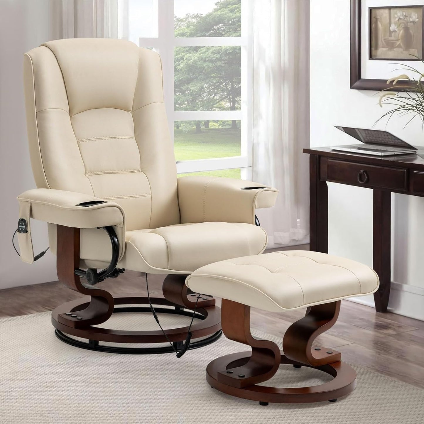 Electric Massage Recliner Chairs with Ottoman Footrest Adjustable Back Faux Leather Swivel Lounge Chair for Living Room Office Bedroom Furniture