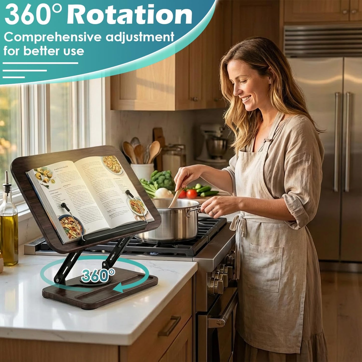 360° Rotating Book Stand, Adjustable Reading Shelf with 180° Flexible Book Clips, Wood Grain Desktop Holder, Multi-Angle Desktop Book Holder for Reading Cookbook Recipe
