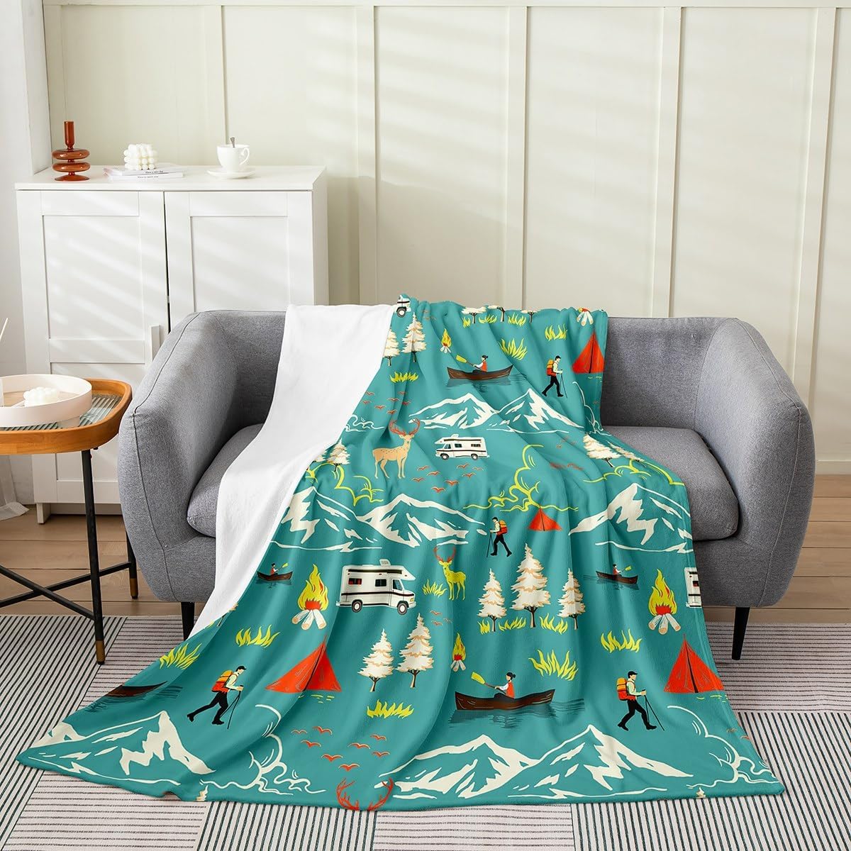 Kids Camping Throw Blanket Twin Size, Farmhouse Camper Car Fleece Blanket, Deer Wild Animals Fuzzy Blanket, Mountain Adventure Flannel Blanket, Firemen Woodland Soft Cozy Plush Bed Blanket, Green