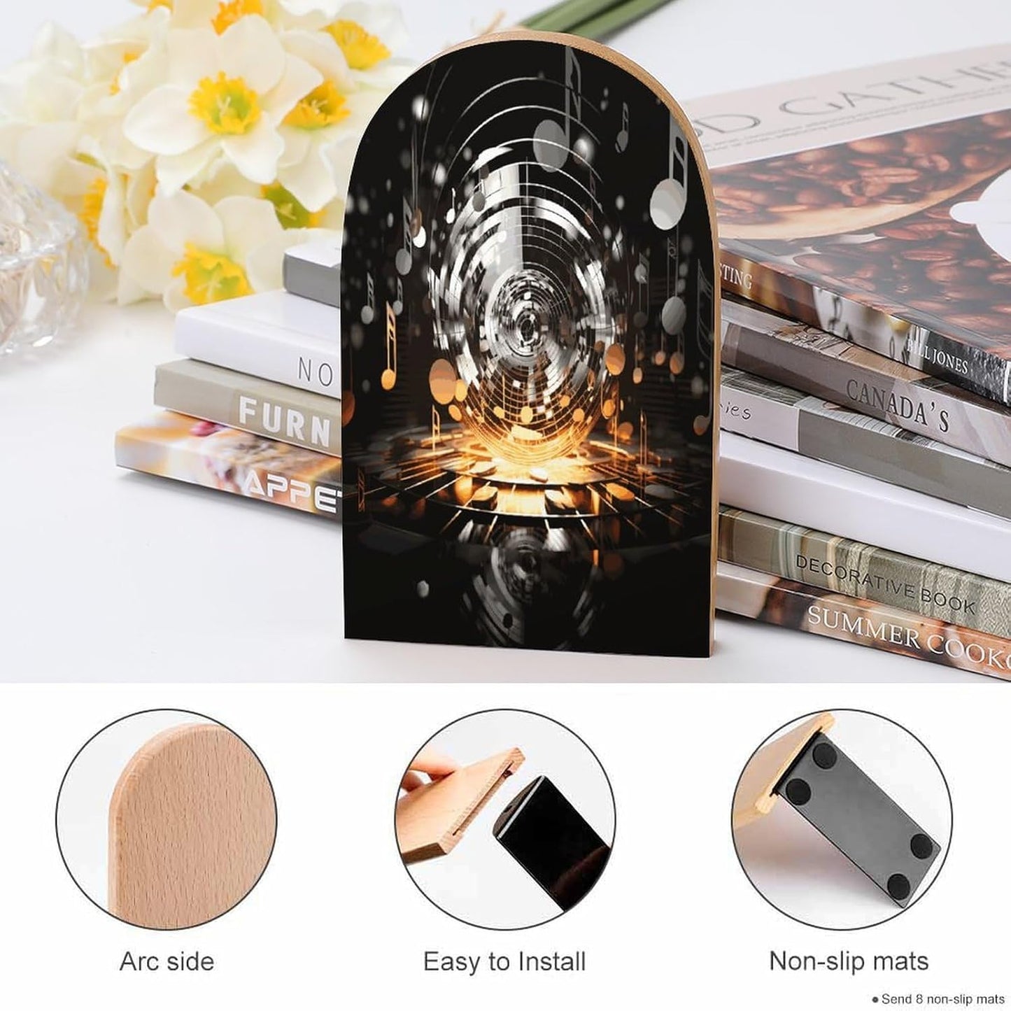 Musical Theme Music Clefs Bookends 1 Pair Heavy Duty Book Ends for Shelves Non-Skid Bookend Supports Wooden Book Holders with Metal Base Desk Organizers Books Storage to Hold Books
