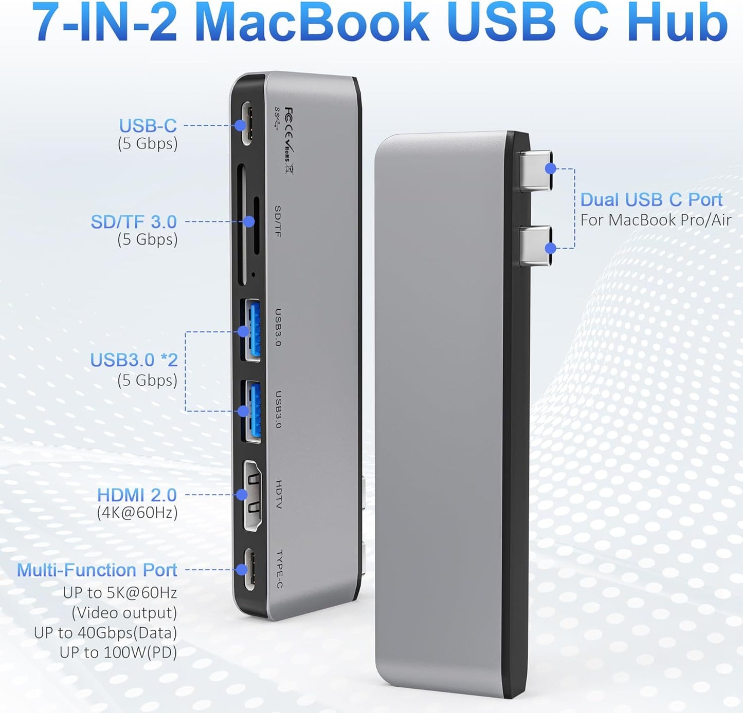 USB C Hub for MacBook, 7-in-2 Mac USB Adapter, MacBook Accessories with 4K@60Hz HDMI, Thunderbolt 4, SD/TF Card Reader, Type C and 2 USB A Data Ports for MacBook Pro, MacBook Air and More