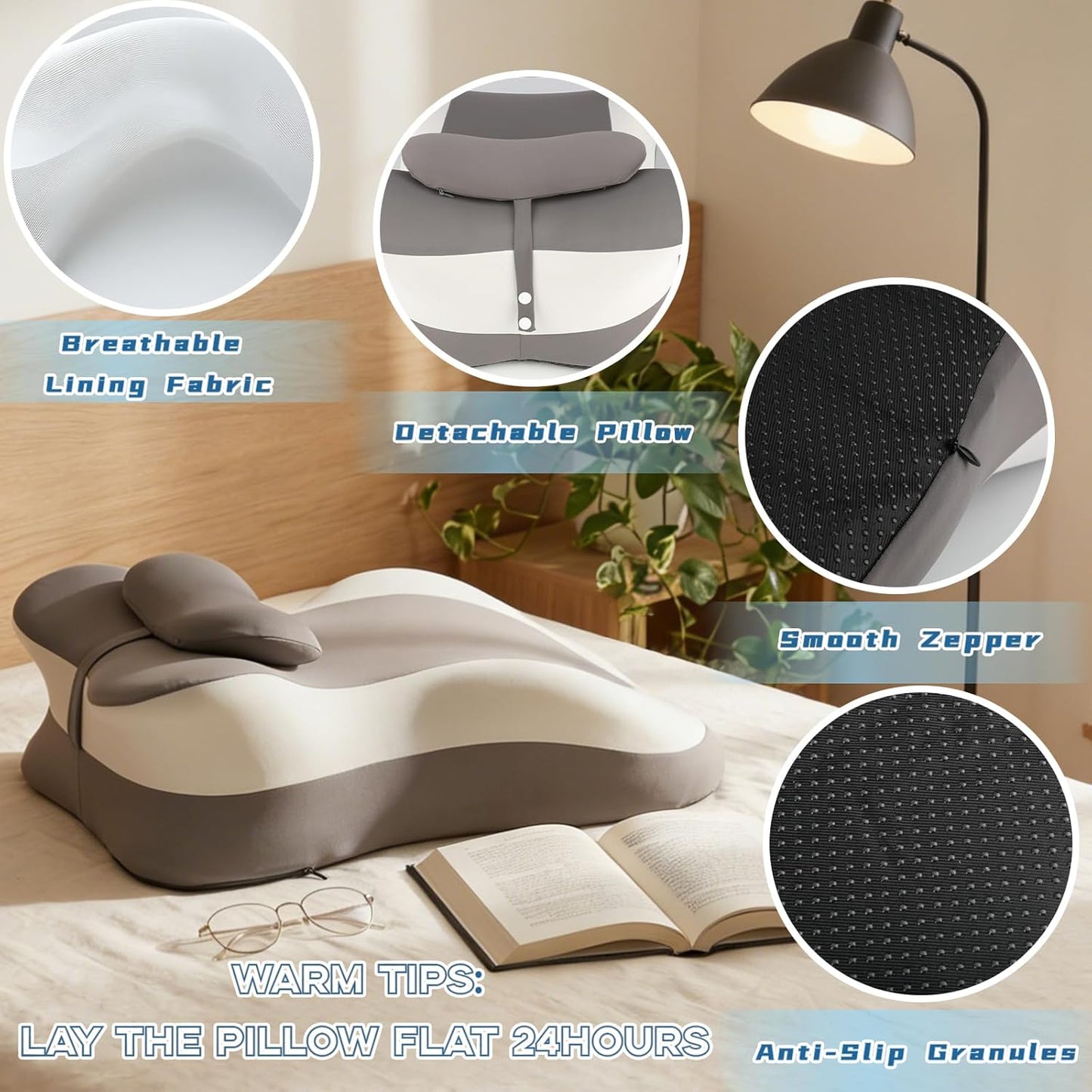 Memory Foam Ergonomic Reading Pillow for Bed, Multi-Position Support Pillow for Reading in Bed, Prone Sleeping, Lumbar & Leg Support, Helps Relieve Back Pain, Acid Reflux, with Removable Cover
