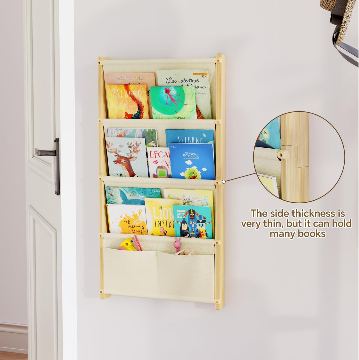 Wood 4-Tier Wall Mounted Kids Bookshelf – Floating Book Shelf For Kids Rooms,Nursery & Classroom, Hanging Bookcase Organizer For Books, Toddler Book Shelf, Montessori Bookshelf, Nursery Shelves