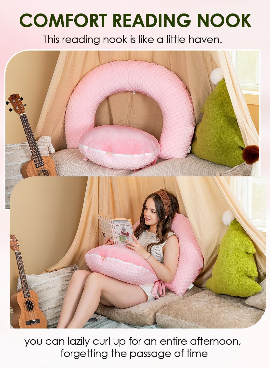 INSEN Reading Pillow with Back Support, Sit Up Bed Pillow for Reading, Nursing & Relaxation, for Adults, Moms and Kids, Pink Bubble Velvet