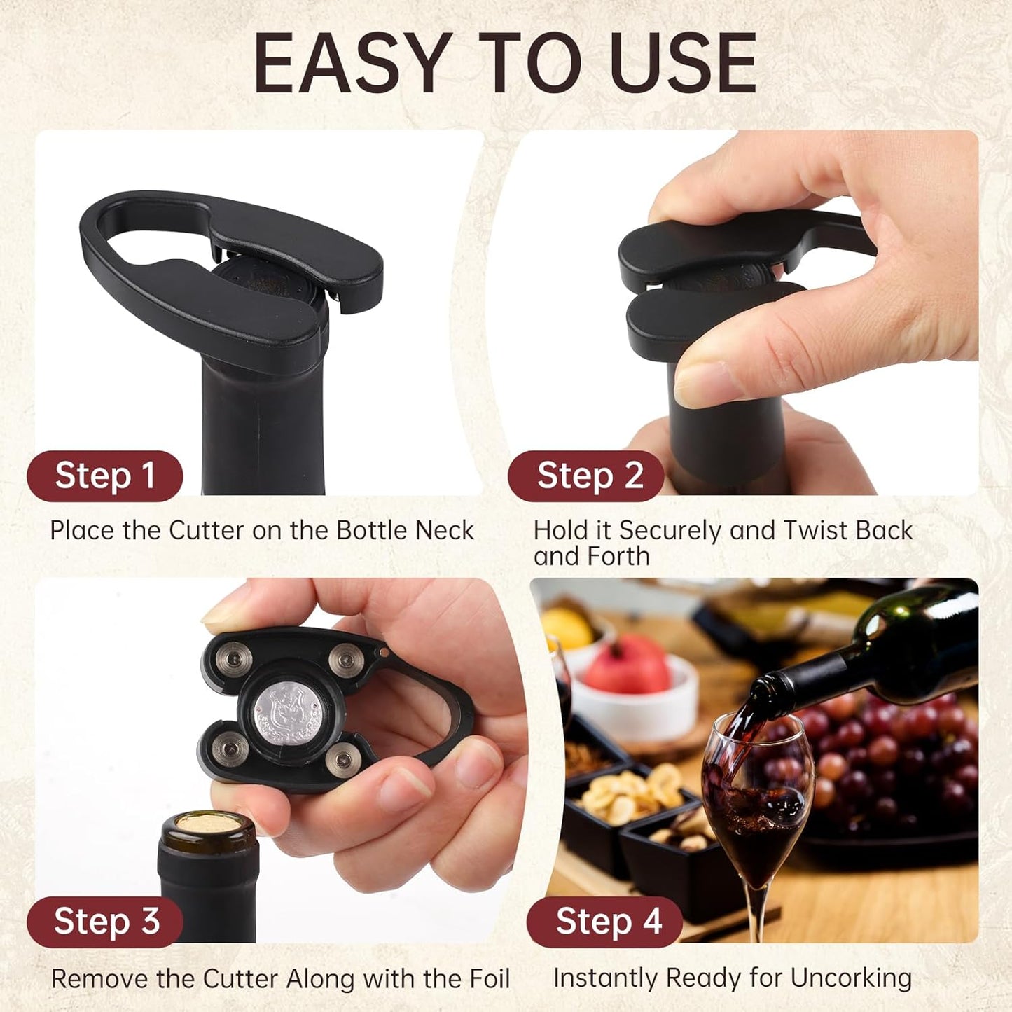 3 PCS Wine Foil Cutter, Foil Cutter for Wine Bottles, Wine Foil Cutter Tool with Magnetic Design and 4 Stainless Steel Blades, Smooth Foil Removal for Home & Bar Use, Gift for Wine Lovers, Black