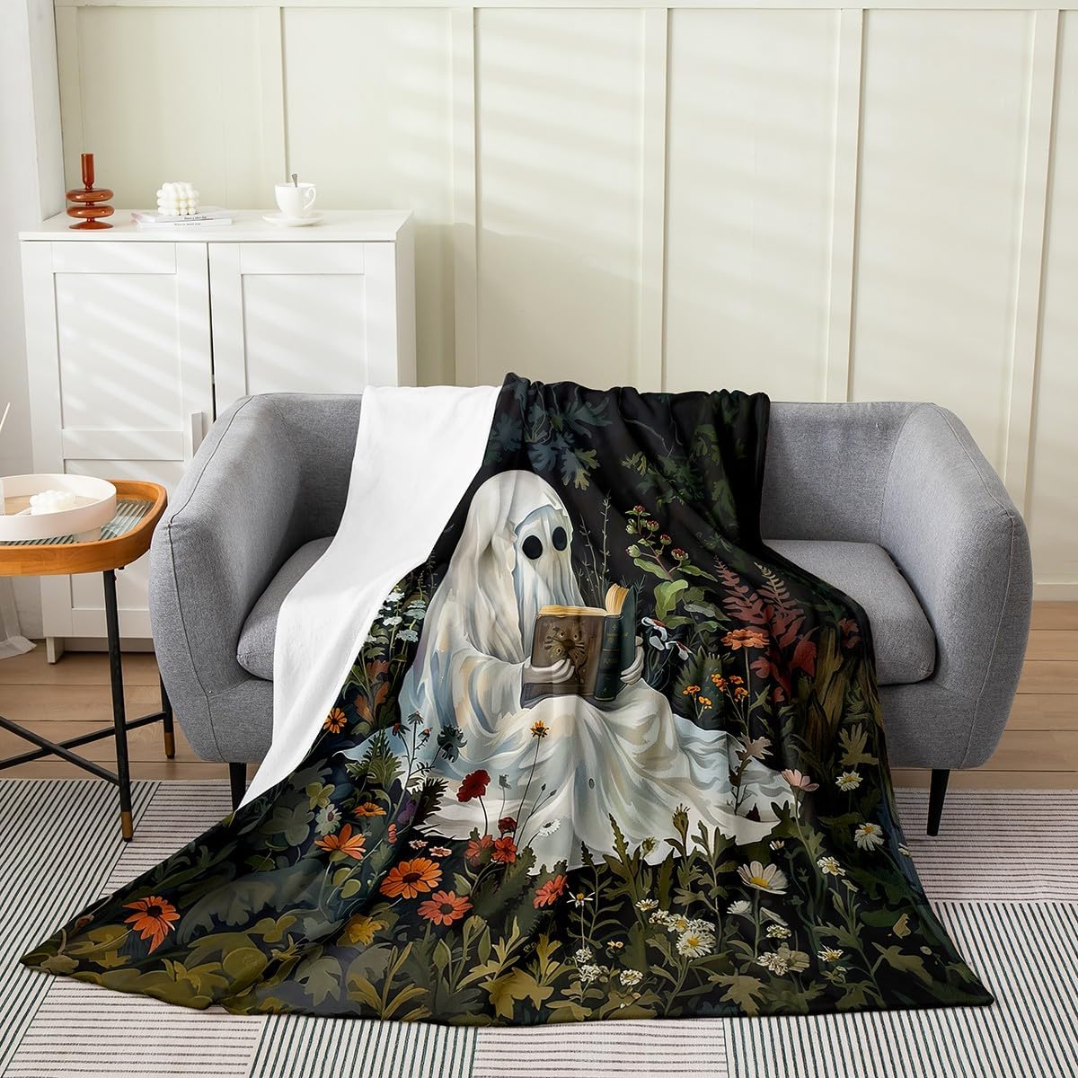 Cute Ghost Flannel Blanket Throw 50"x60",Rustic Halloween Reading Ghosts Lightweight Cozy Fuzzy Blankets for Couch Sofa Bed,Jungle Night Rustic Floral Super Soft Warm Plush Blankets and Throws