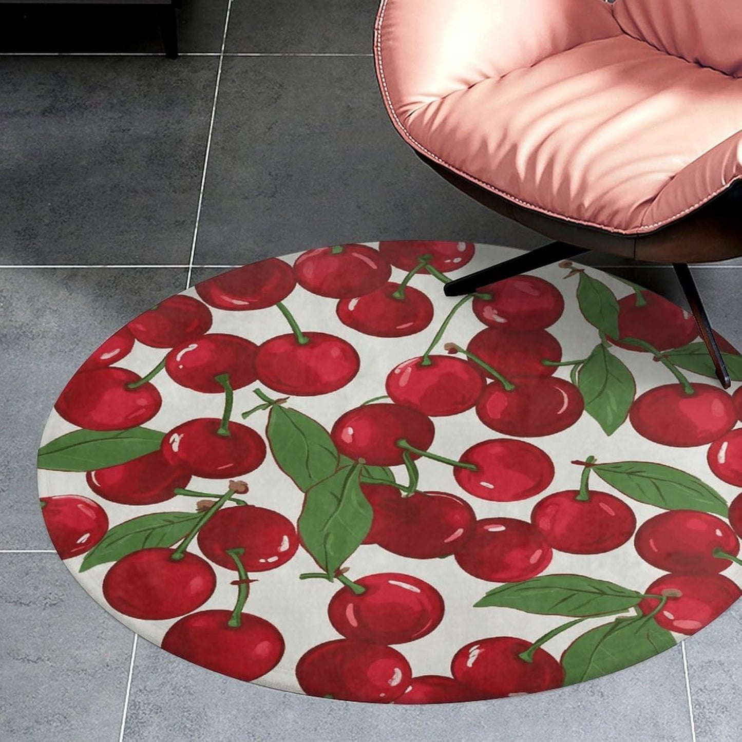Red Cherries Circle Rug Retro Luxury Coral Velvet Floor Mat Non Slip Soft Indoor Floor Carpet Comfy Thickened Area Rugs Modern Aesthetic Minimalist Carpets for Home Decor