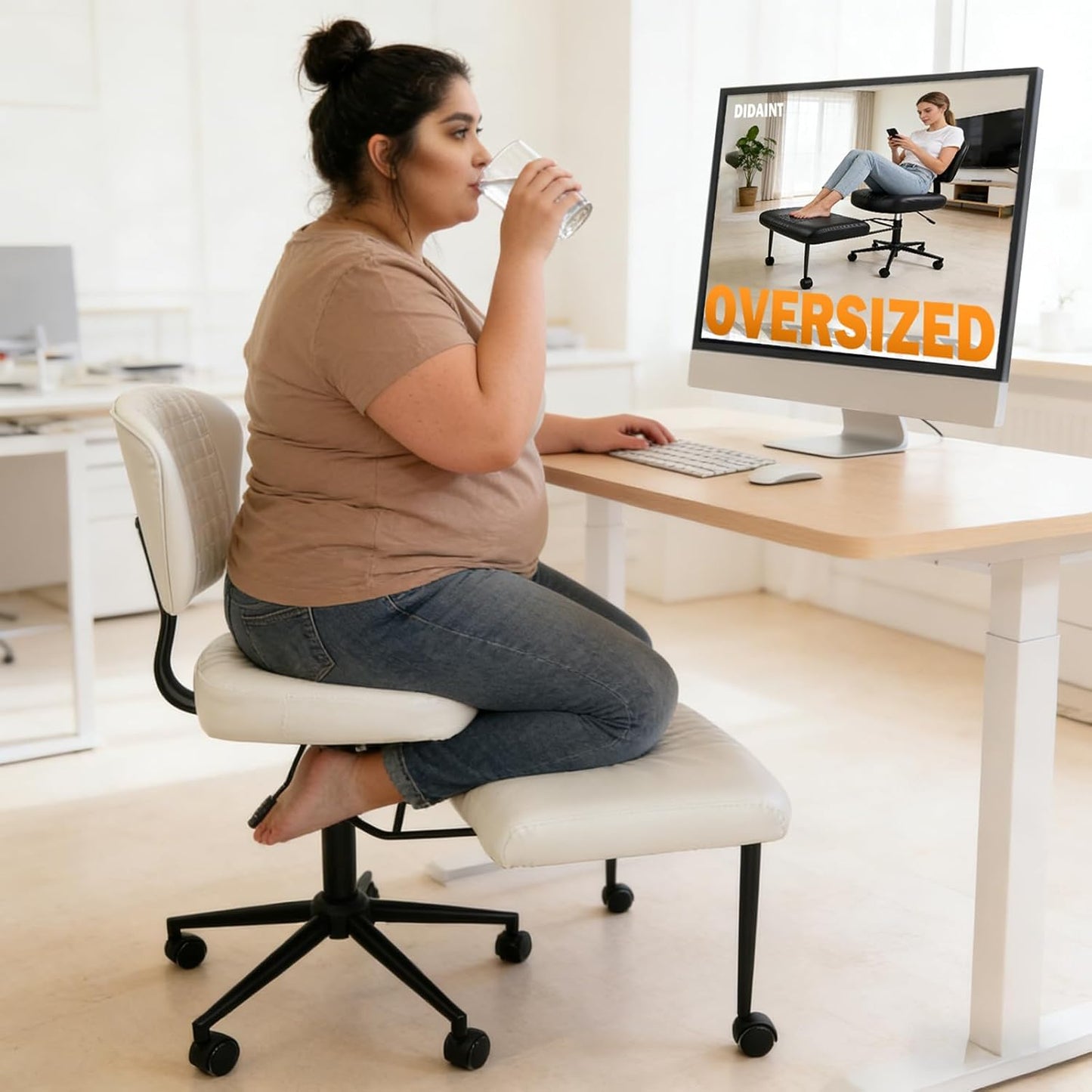 Meditation Chair with Footrest, 360° Swivel Height Adjustable Criss Cross Chair, White PU Padded Wide Seat, Home Office Desk Chair for Reading, Yoga, Peaceful Living