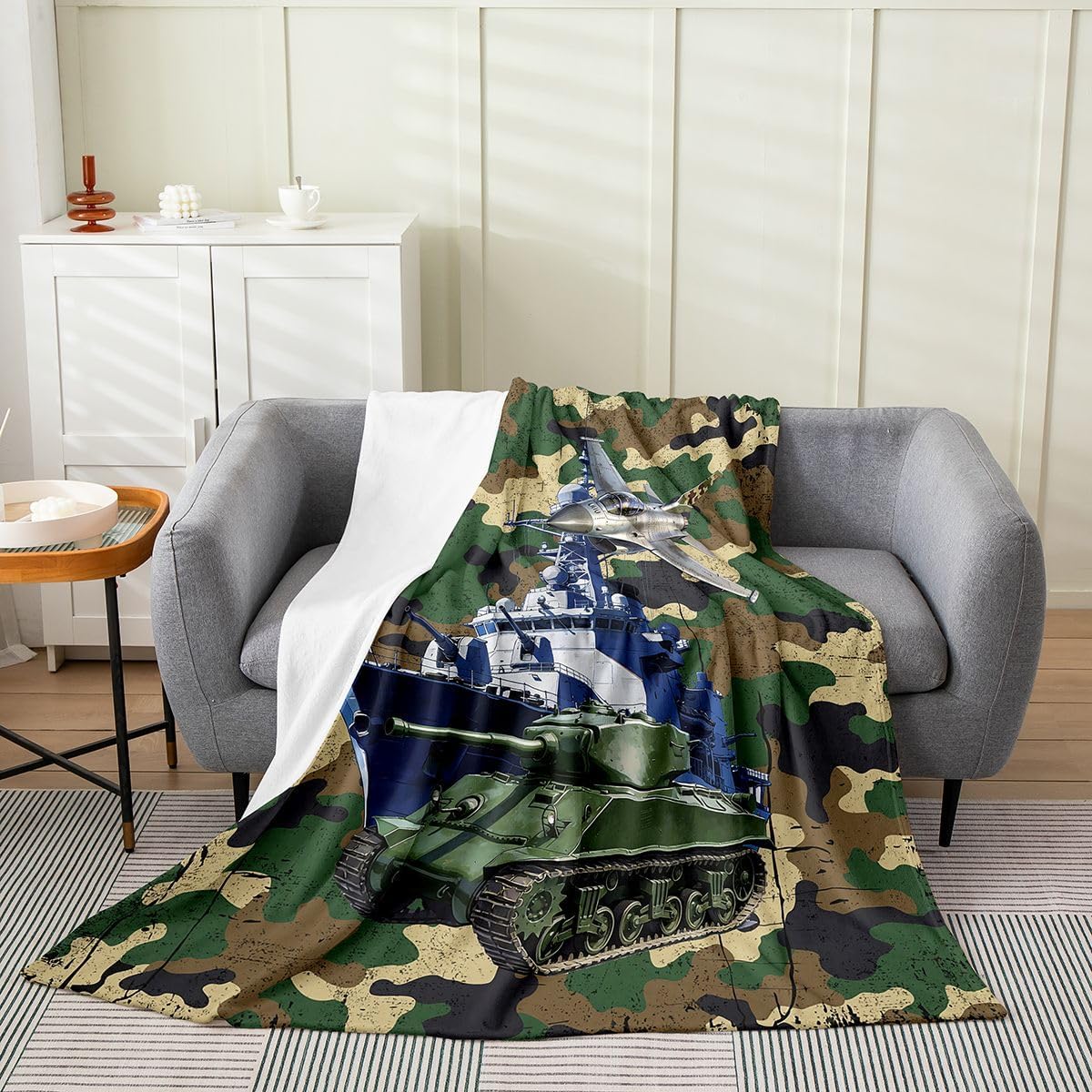 Feelyou Army Camouflage Fleece Throw Blanket,All Season Military Aircraft Print Bed Blanket Ship Tank Camouflage Flannel Fuzzy Blanket for Bed Sofa Couch,Bedroom Decor Plush Blanket Throw 50"x60"