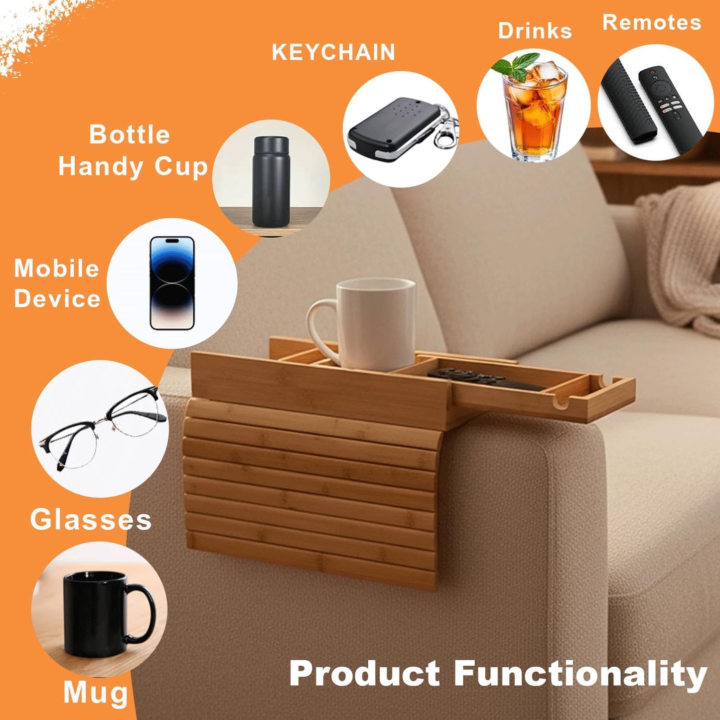 Bamboo Couch Armrest Table, 2-in-1 Foldable, Anti-Slip Sofa Arm Tray Includes a Detachable Cup Holder, Making it Ideal for Holding Remote Controls, Phones, Cups, and Snacks