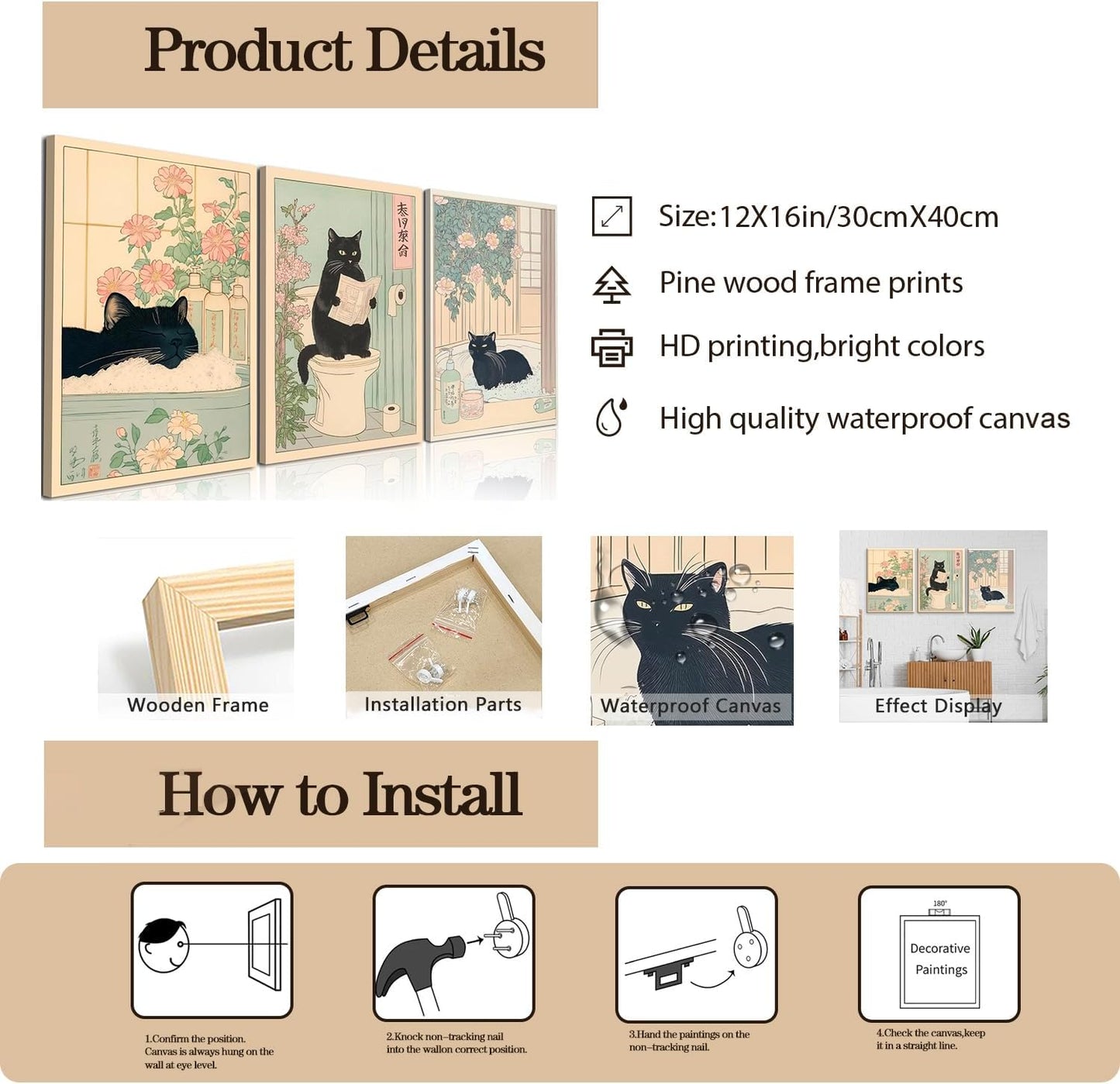 Funny Bathroom Wall Art Set of 3, Japanese Cute Black Cat Wall Decor Paintings, Rustic Animal Pictures Canvas Prints Home Decor for Bathroom Toilet, 12x16 inch Framed