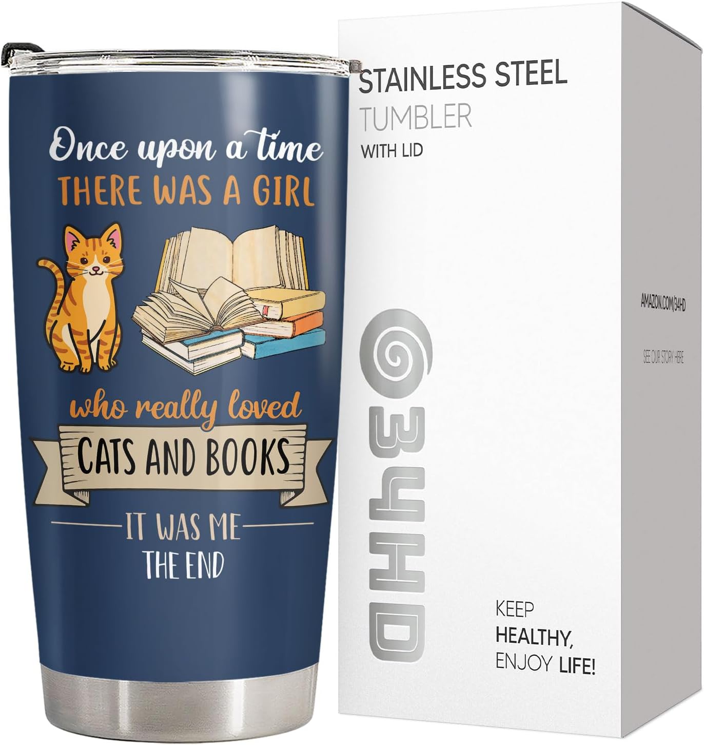 34HD Cat Bookish Tumbler 20oz Stainless Steel Insulated, Funny Just a Girl Who Loves Cats and Books Gift - Birthday Present for Pet Lovers, Librarian & Her