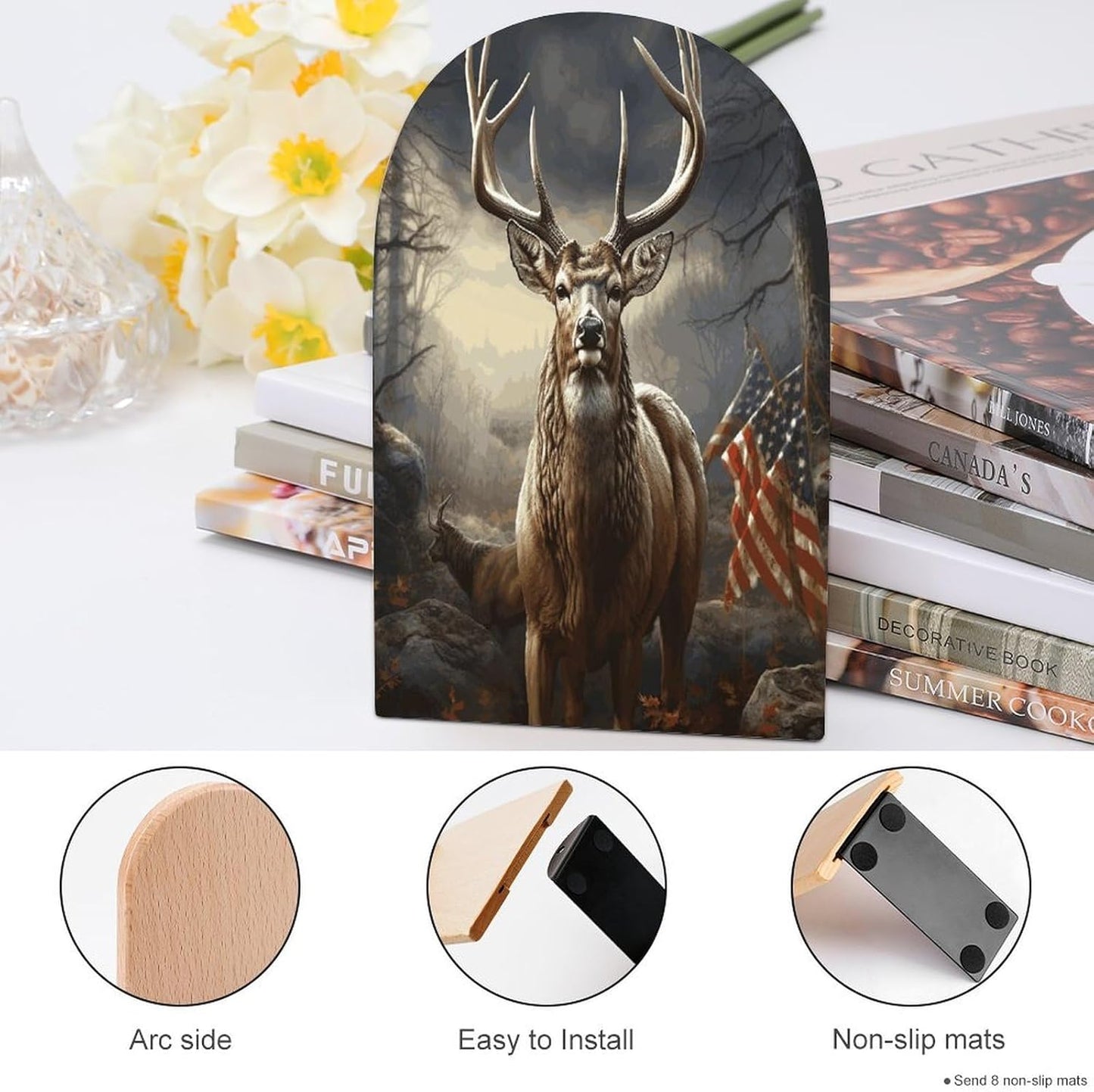 Deer Hunting Season Bookend for Shelves Wooden Book End Large Size Sturdy Book Holders Stoppers with Metal Base for Bookshelves Slick Decorative Bookends Stands