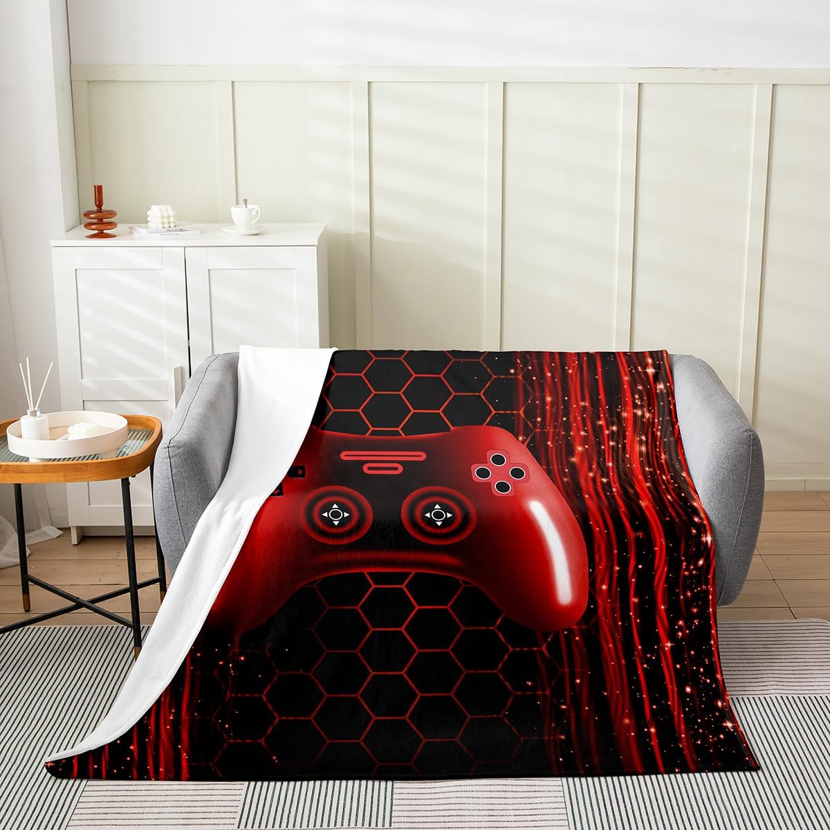 Erosebridal Kids Gamer Fleece Blanket for Boys Twin 60x80 Burgundy Red Gaming Flannel Blanket for Kids Teens Neon Lights Video Games Fuzzy Plush Throw Striped Honeycomb Hexagon Geometric Pattern