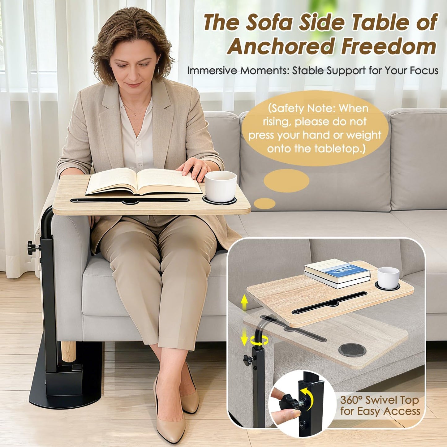 NEPPT Swivel Tray Table for Recliner, 360° Rotating TV Trays for Eating On Couch & Chairs, Adjustable Height Laptop Desk, Independent Living Aid Side Table for Seniors & Elderly with Limited Mobility