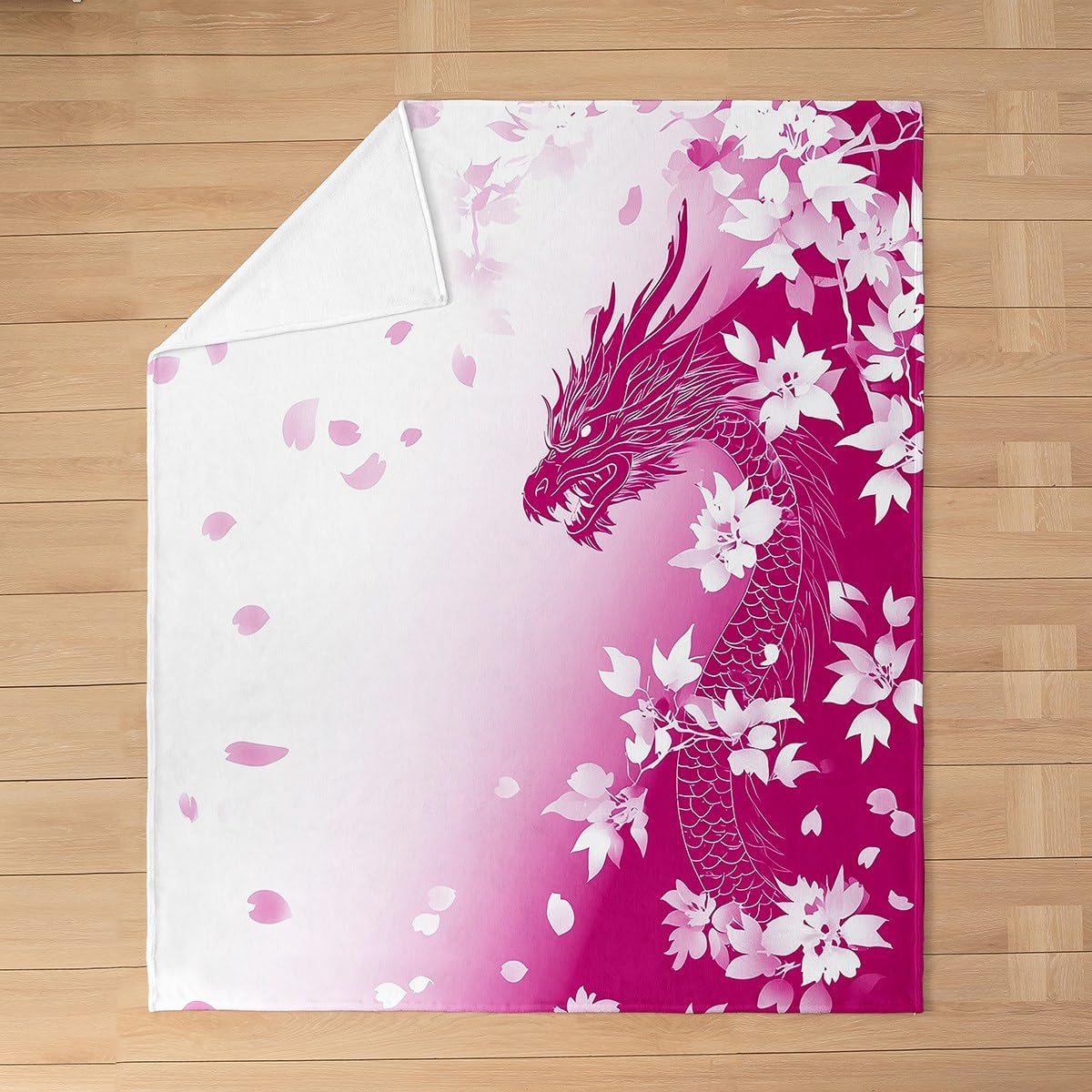 Erosebridal Pink Fantasy Dragon Blanket Twin 60x80 Pink White Gradient Princess Throw Blanket for Kids Girls Teen,Magical Wildlife Animal Pattern Dreamy Aesthetic Cherry Blossom Decor,Luxury Soft