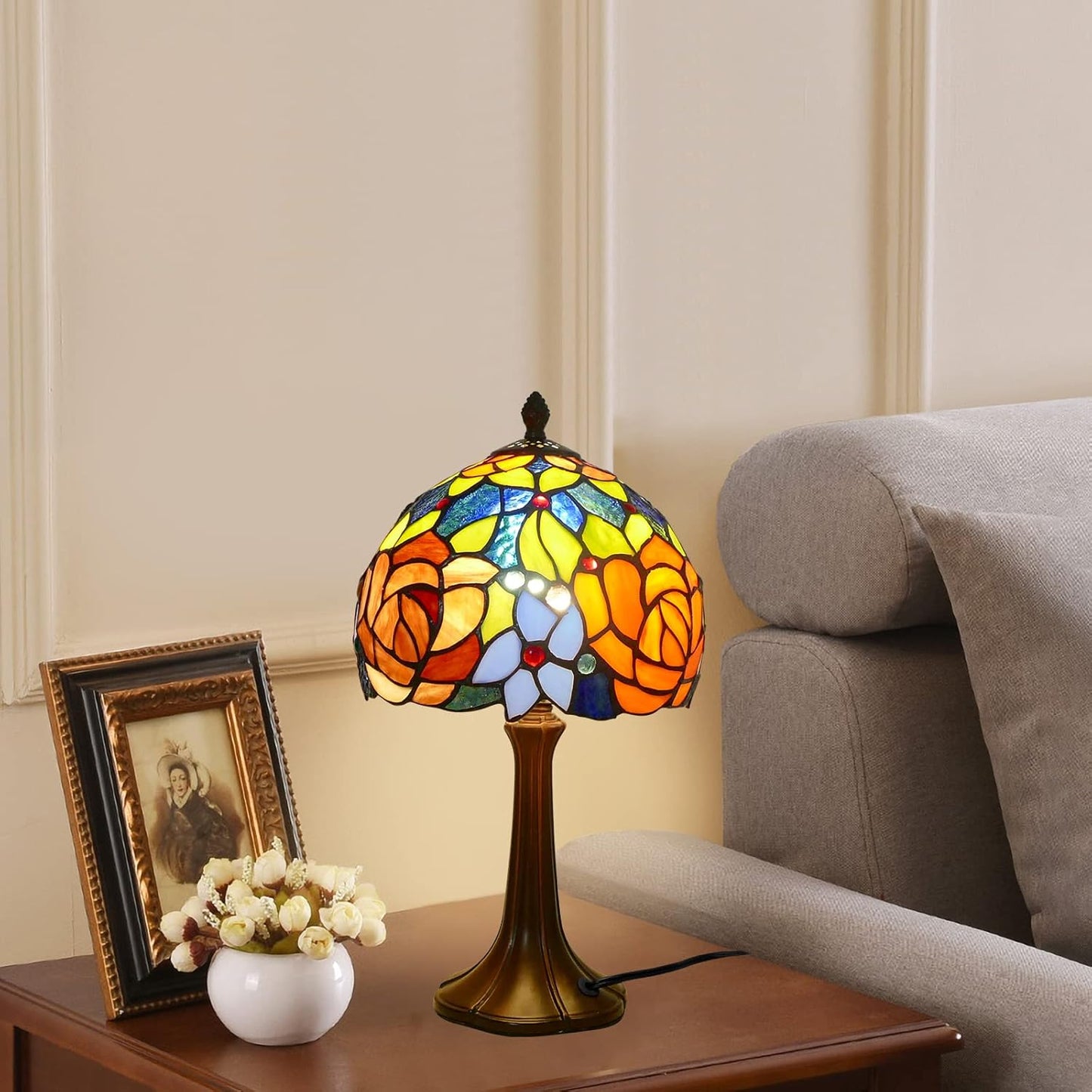 Tiffany Table Lamp Romantic Double-Color Roses Handmade Stained Glass Desk Lamps 8" Wide 15" Tall Vintage Reading Lamp for Office, Living Room, Bedroom, LED Bulb Included