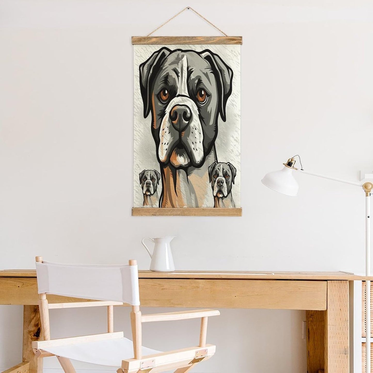 Vintage American Bulldog Head Poster with Wooden Frame Personalized Linen Hanging Scroll Painting Rustic Wall Hanging Illustrative Modern Artwork Decor for Home Living Room Bedroom Office