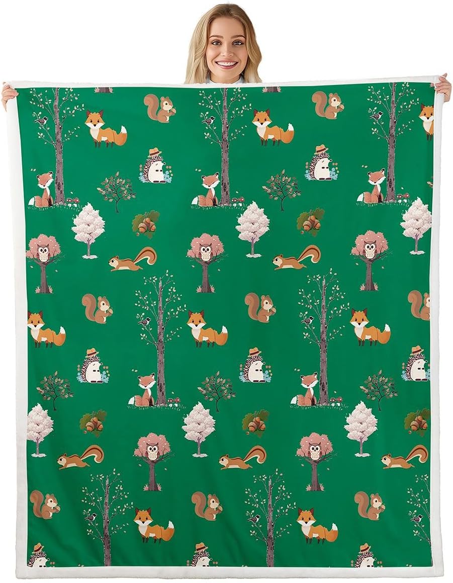Feelyou Woodland Forest Animals Sherpa Throw Blanket for Couch Green Cartoon Animal Super Soft Cozy Fleece Forest Theme Blanket for Winter, Plush Throw Baby 30"x40" All Season