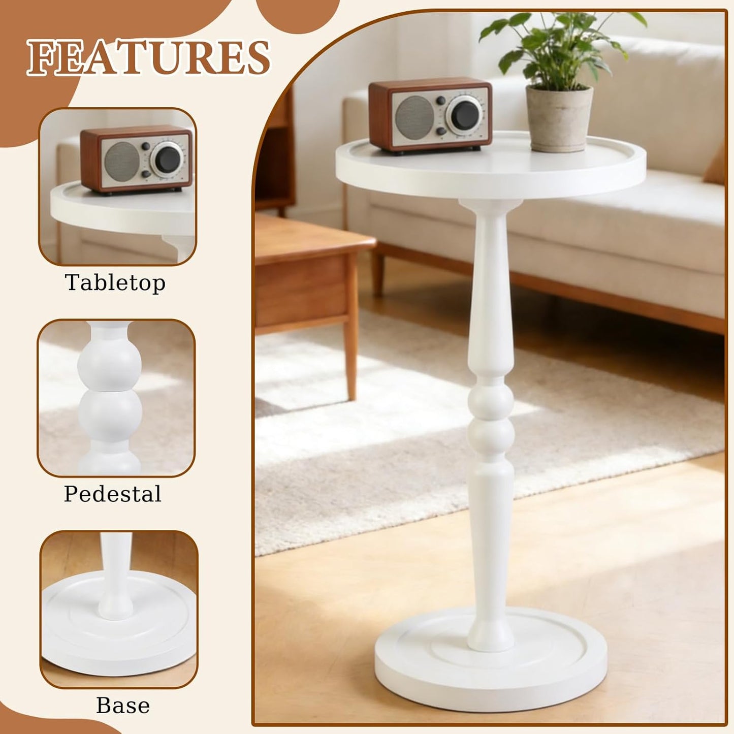 Small Side Table for Small Spaces, Modern Round End Table with Natural Solid Wooden Top, Pedestal and Leg, White Accent Drink Tables for Livingroom, Bedroom, Sofa, Corner, Coffee, Office, Couch