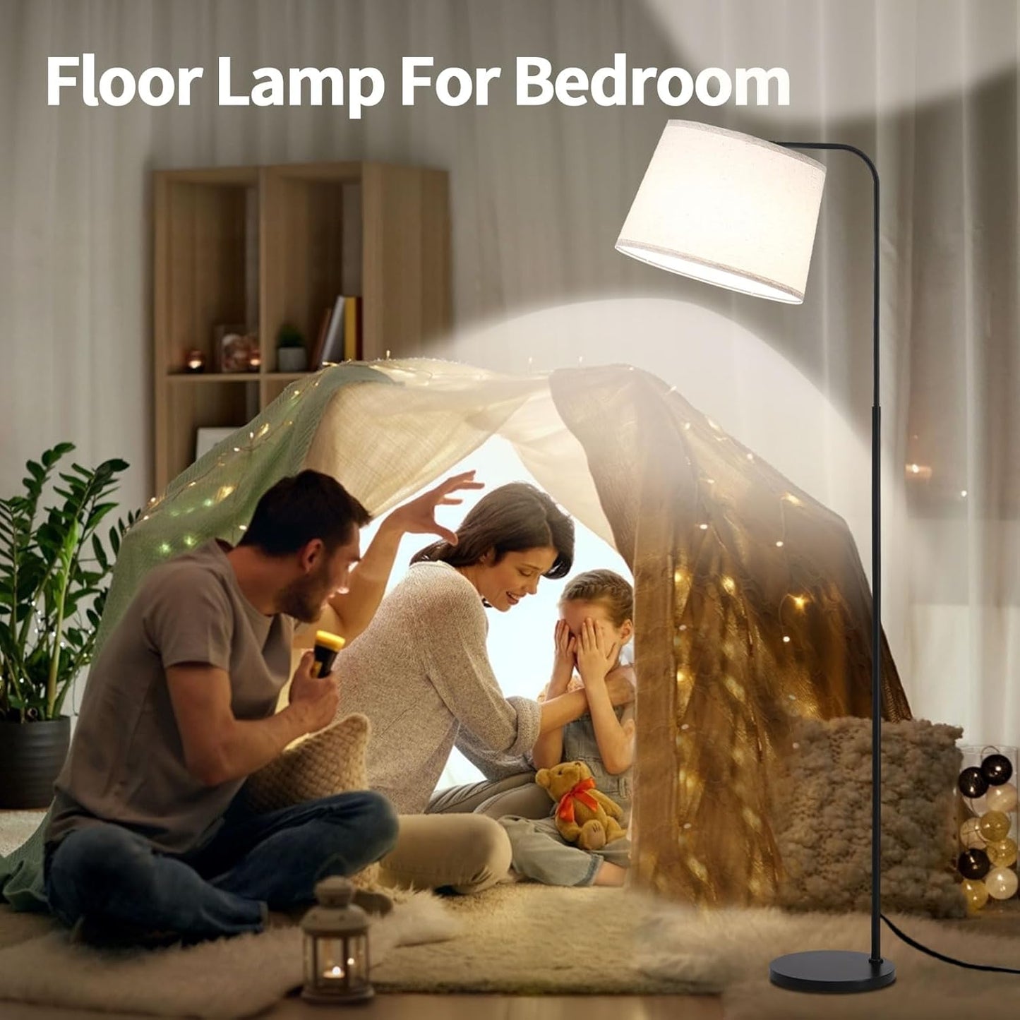 Arc Floor Lamps for Living Room, Modern Floor Lamp for Bedroom, Foot Pedal Control Standing Lamps with Adjustable Linen Lampshade, Tall Lamp with 9W Bulb for Office Reading Room Nursery (Black)
