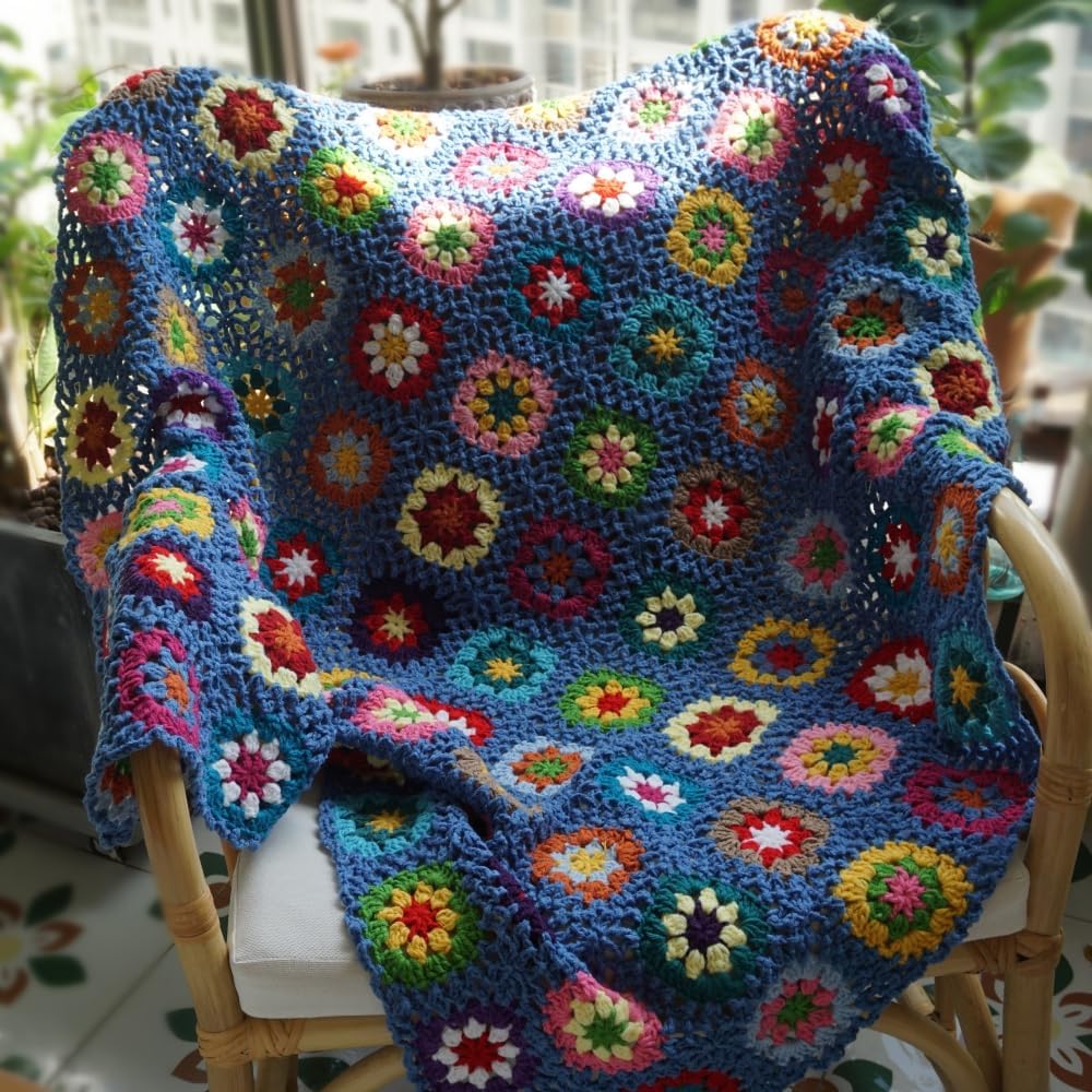 Handmade Granny Square Crochet Throw Blanket, Boho Patchwork Knitted Blanket for Couch Sofa Bed, Soft Decorative Afghan Blanket, Vintage Farmhouse Home Decor, Handmade Gift for Women59”x39”
