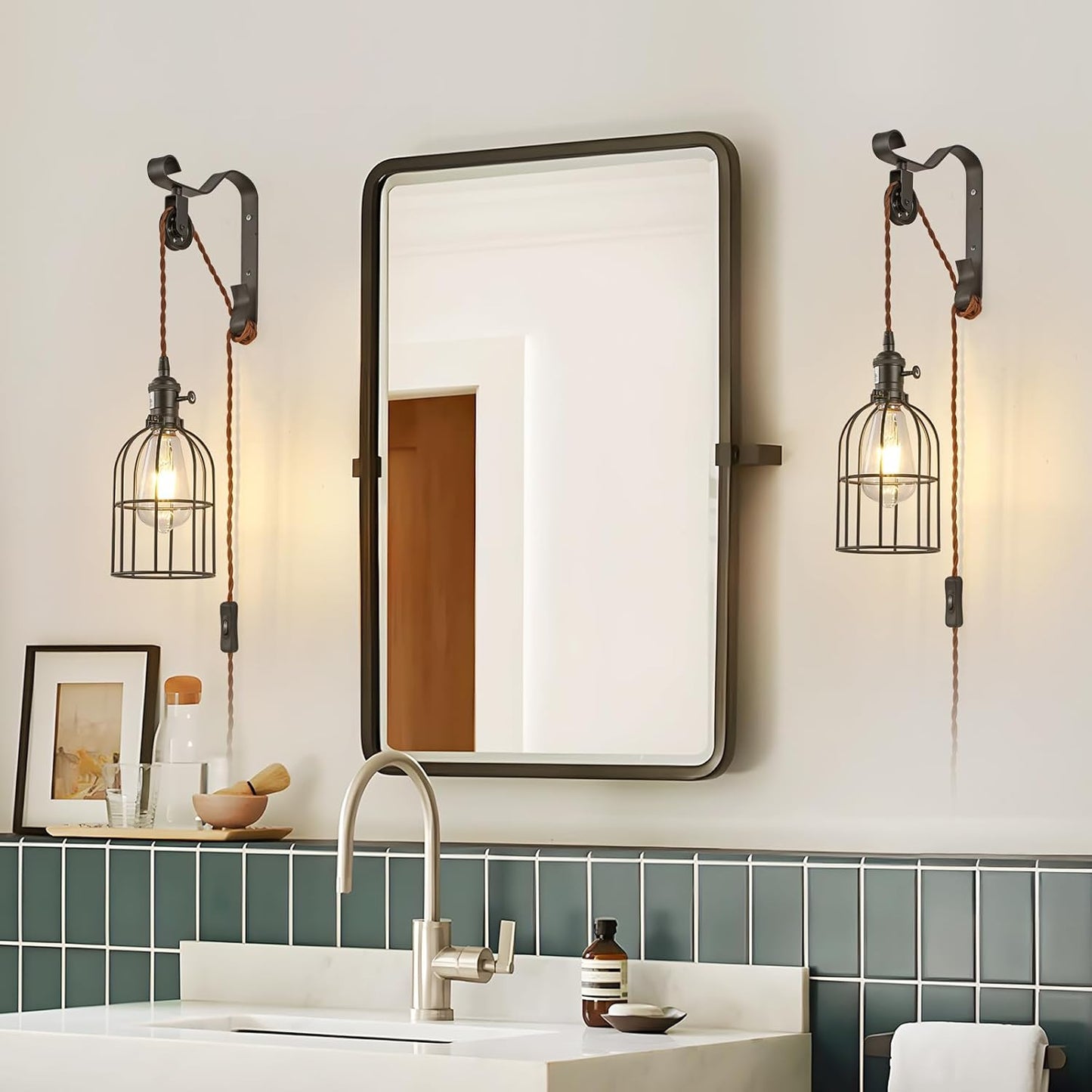 SEEBLEN Wall Sconces Plug in of 2, Industrial Wall Lamp with Plug in Cord,Black Vintage Wall Sconce with 6.5ft On/Off Switch Cord,Height Adjustment Wall Lights for Bedroom Reading Headboard.