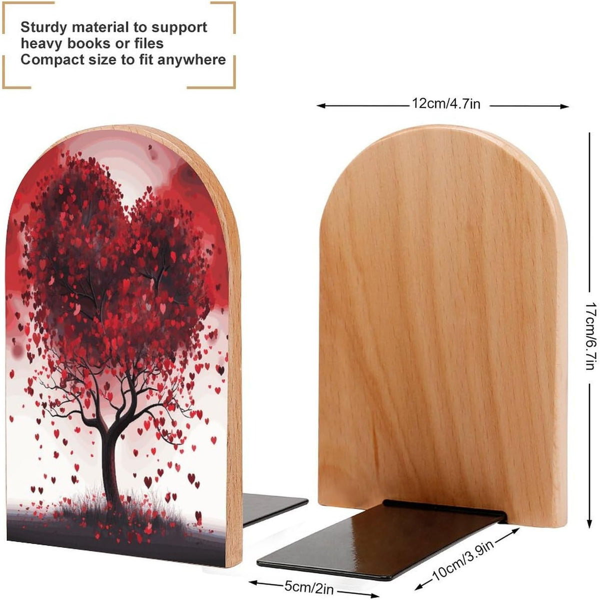 Red Love Heart Tree Wooden Bookend Non-Slip Book Ends Heavy Duty Book Stopper with Metal Base Books Holderd Decorative Bookends Stands Firmly for Office Supplies