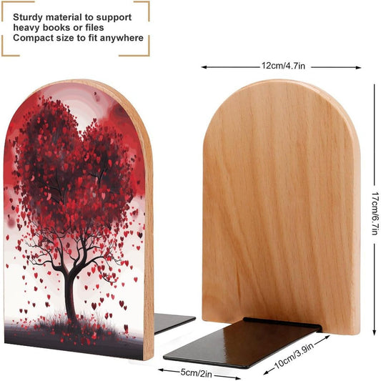Red Love Heart Tree Wooden Bookend Non-Slip Book Ends Heavy Duty Book Stopper with Metal Base Books Holderd Decorative Bookends Stands Firmly for Office Supplies