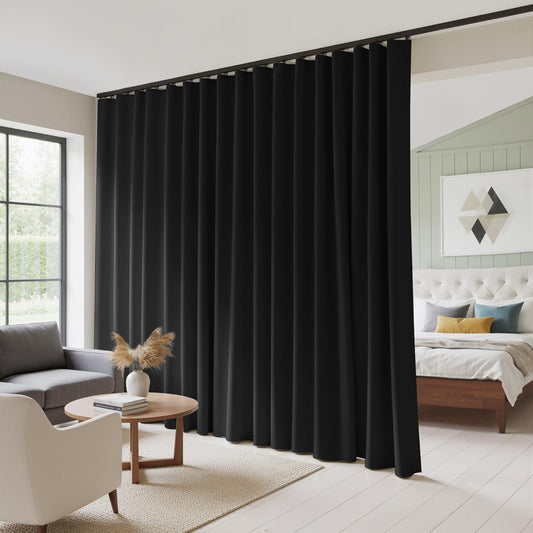 RYB HOME 100% Blackout Room Divider Curtain, Thermal Insulated&Privacy Assurd Extra Wide Curtain for Bedroom/Sliding Door, Back Tab&Rod Pocket Drape with Hooks for Ceiling, W100xL84, Black, 1 Panel