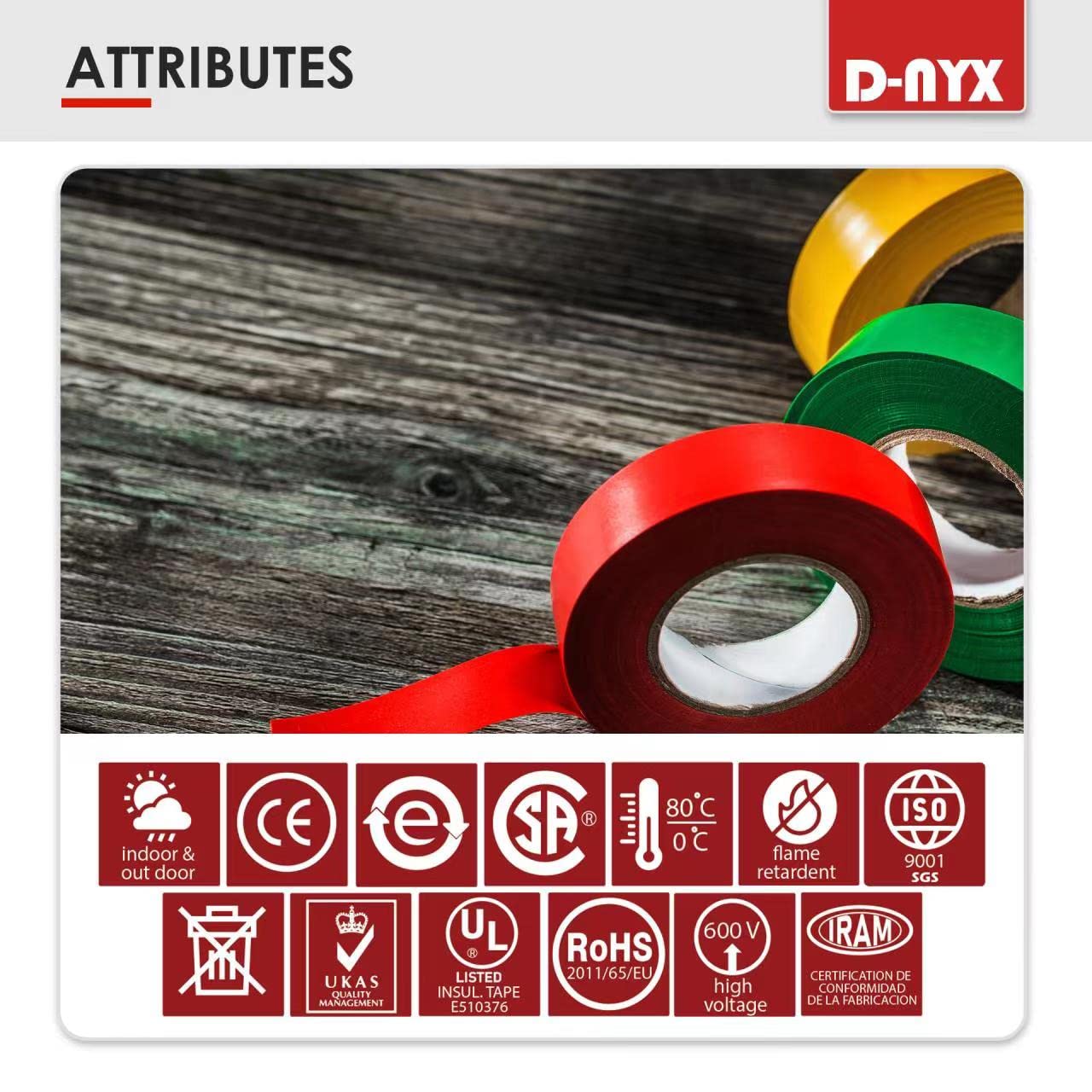 6 Pack Color Vinyl Electrical Tape, Waterproof Flame Heat & Weather Resistant IndoorOutdoor High-Temperature Professional Grade Electric Wire Colored Tape 3/4 in x 30 FT x 7 Mil E Tape