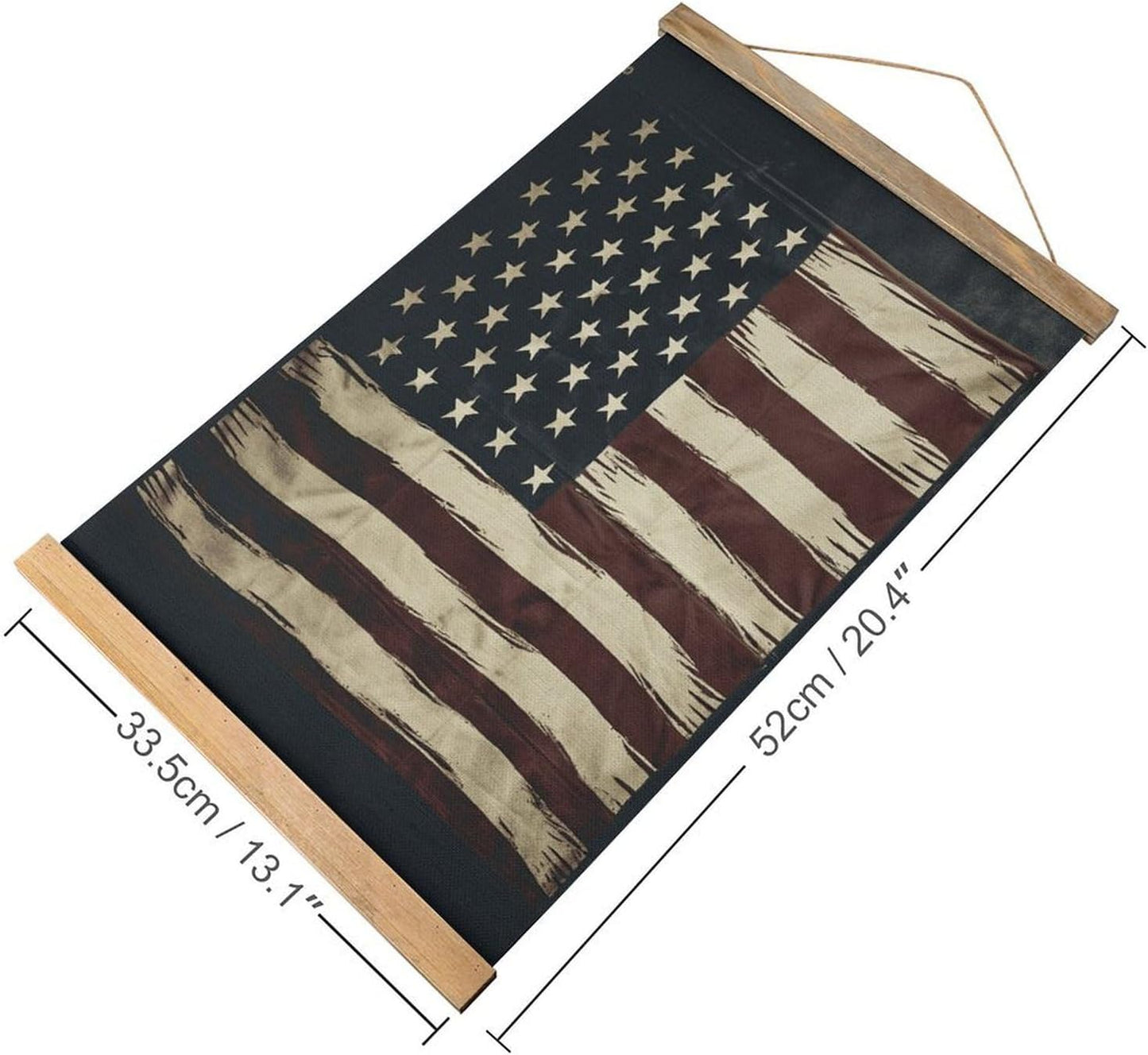 Vintage American Flag Poster with Wooden Frame Personalized Linen Hanging Scroll Painting Rustic Wall Hanging Illustrative Modern Artwork Decor for Home Living Room Bedroom Office