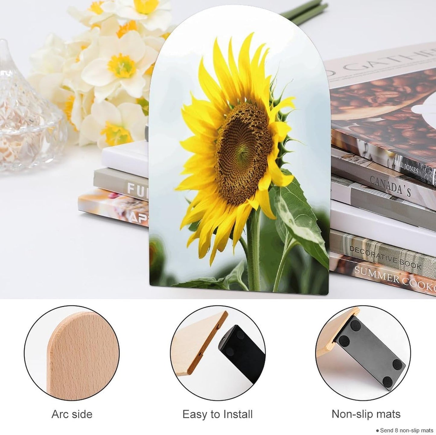 Bloom Sunflower Bookend for Shelves Wooden Book End Large Size Sturdy Book Holders Stoppers with Metal Base for Bookshelves Slick Decorative Bookends Stands