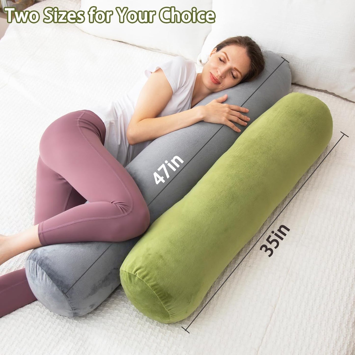 Bolster Pillow for Bed, Long Round Body Pillow for Adults with Removable Velvet Cover, Decorative Tube Roll Cylinder Pillow, 47 x 7.87 Inch, Green