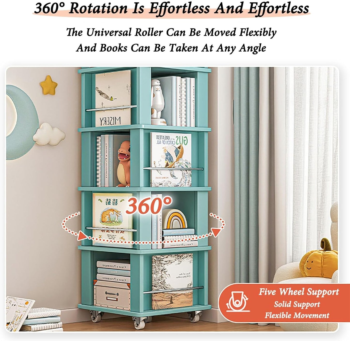 Rotating Bookshelf Tower With Wheels 360 Display 4/5 Tier Floor Standing Bookcase Storage Rack For Kids Corner Bookshelf For Small Space Book Shelf Rotating Bookcase For Living Room Study Room Office(